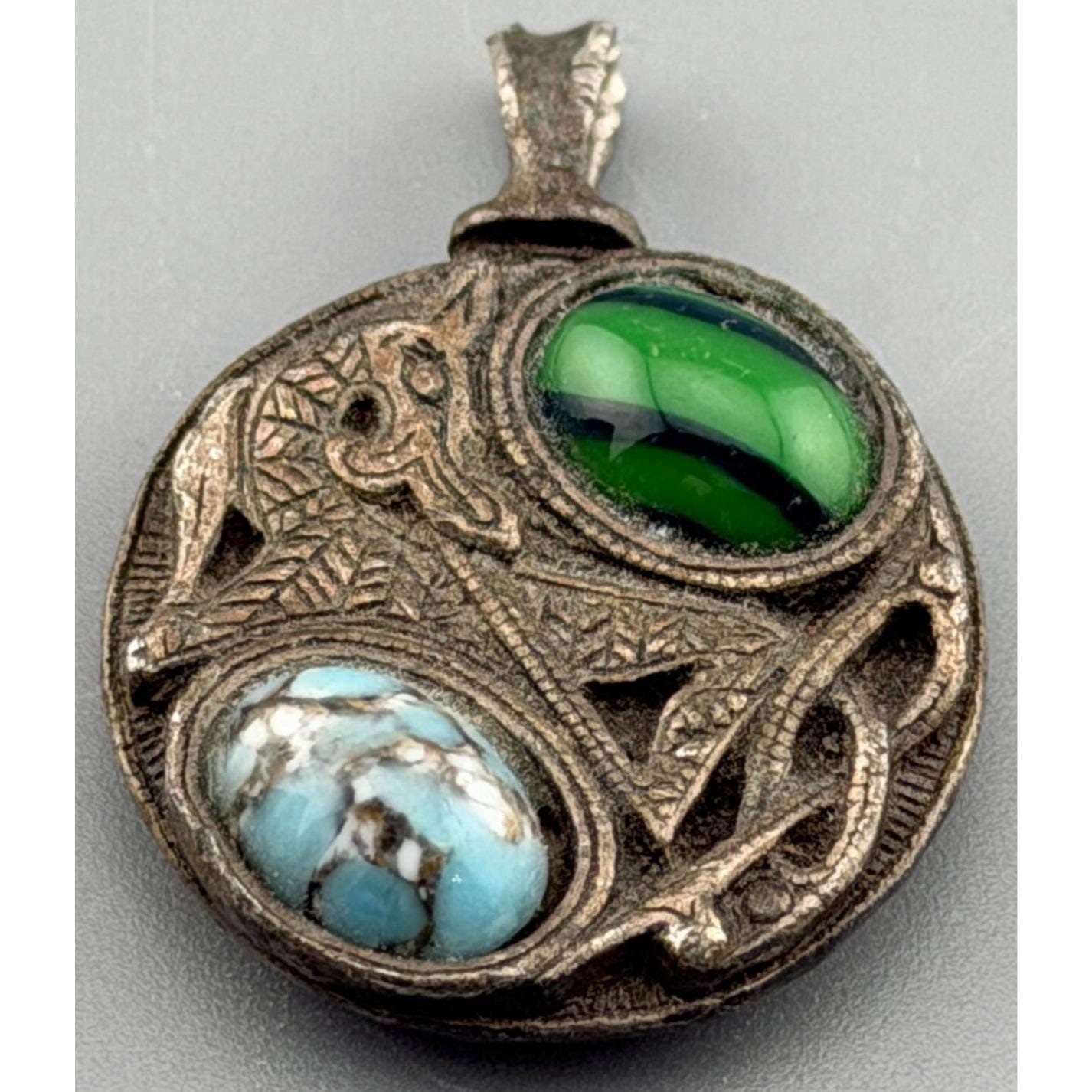 Vintage Chinese Dragon Amulet Pendant Blue Green Stones Pot Metal 7/8\ Vintage Chinese Dragon Amulet Pendant Blue Green Stones Pot Metal 7/8\