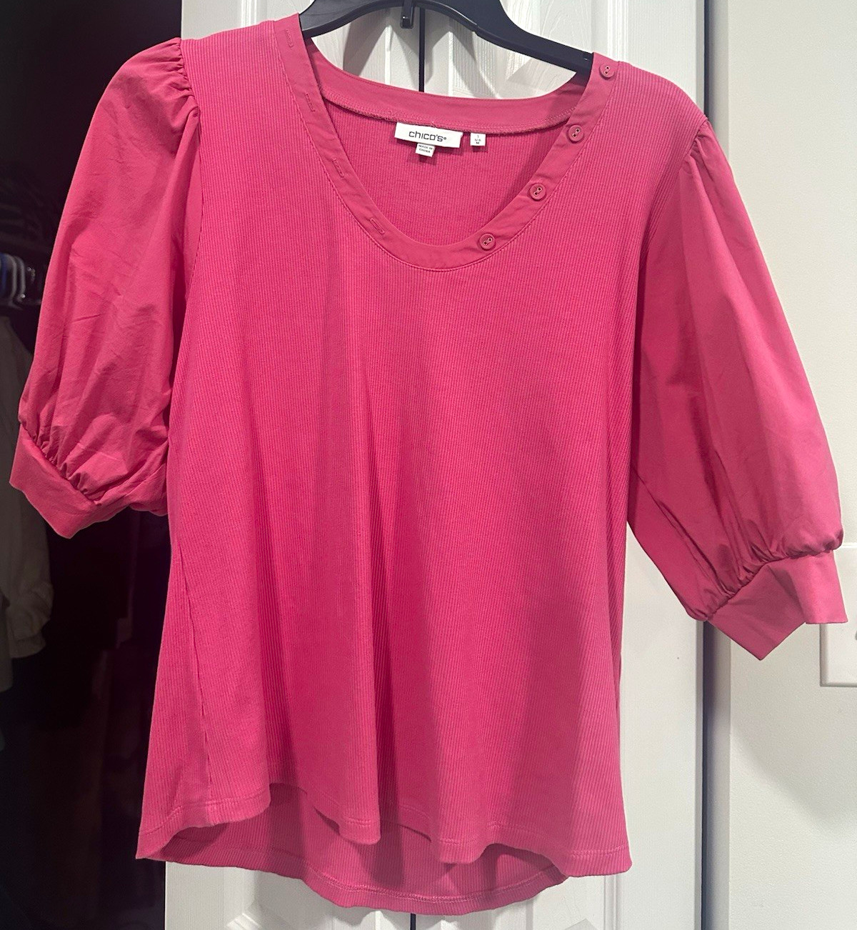 Chico\'s Women\'s Pink Solid Cotton Knit Scoop Neck Puff 3/4 Sleeve Top Sz 1