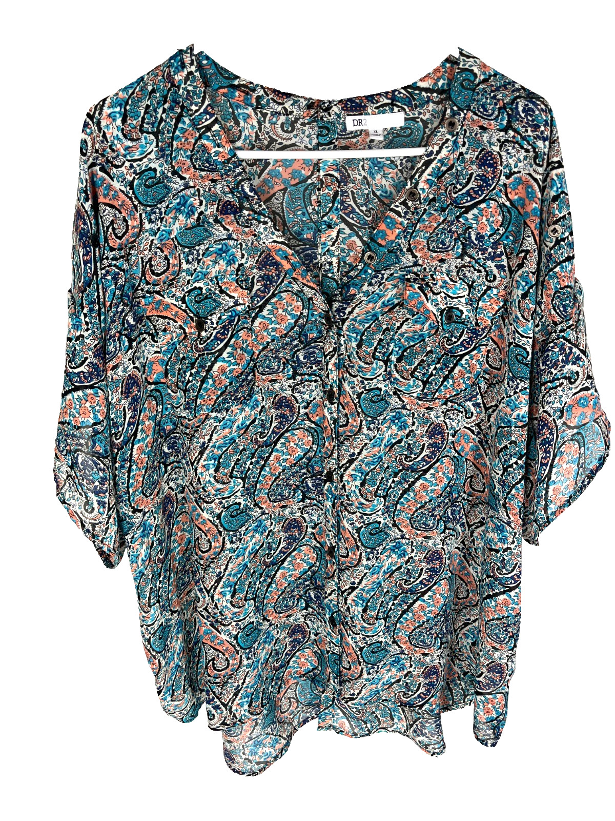 DANIEL RAINN Blouse Size XL Blue Pink Floral Button Back Preppy Beach Top Vacay DANIEL RAINN Blouse Size XL Blue Pink Floral Button Back Preppy Beach Top Vacay