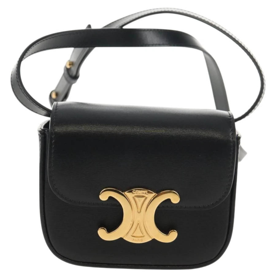 CELINE Mini Triomphe Shoulder Bag – Black Leather – Gold Hardware 
