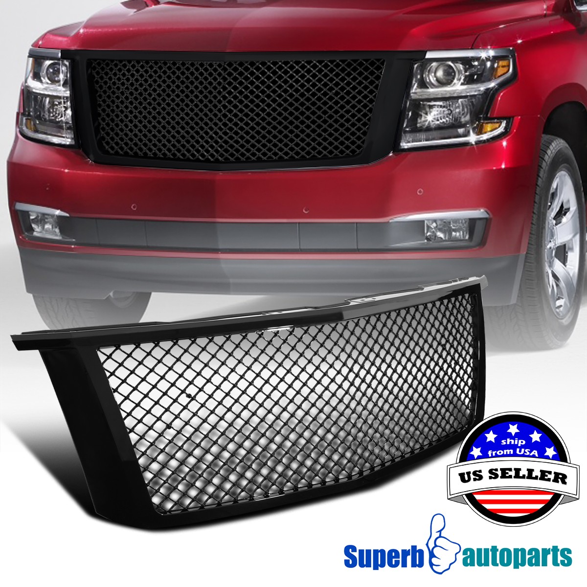 Fits 2015-2018 Chevy Tahoe Suburban Glossy Black ABS Mesh Front Hood Grille 1PC Fits 2015-2018 Chevy Tahoe Suburban Glossy Black ABS Mesh Front Hood Grille 1PC