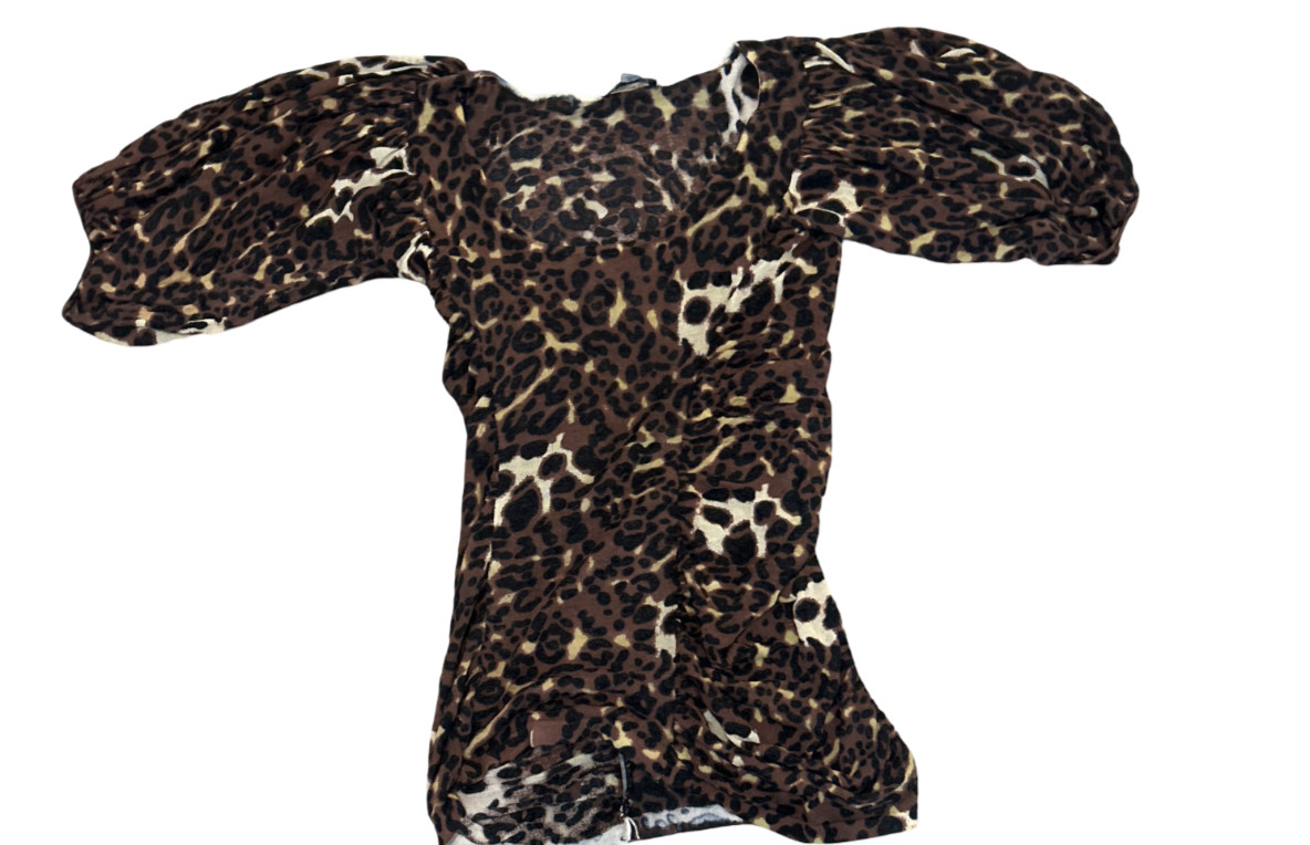 Vintage Metrostyle Brown Leopard Animal Print Puff Sleeve Ruched Top Size Medium