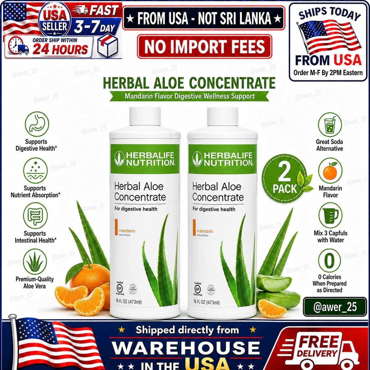 2x Herbalife Herbal Aloe Concentrate Mandarin Pint 16 fl oz - NIB 🔥US Seller🔥