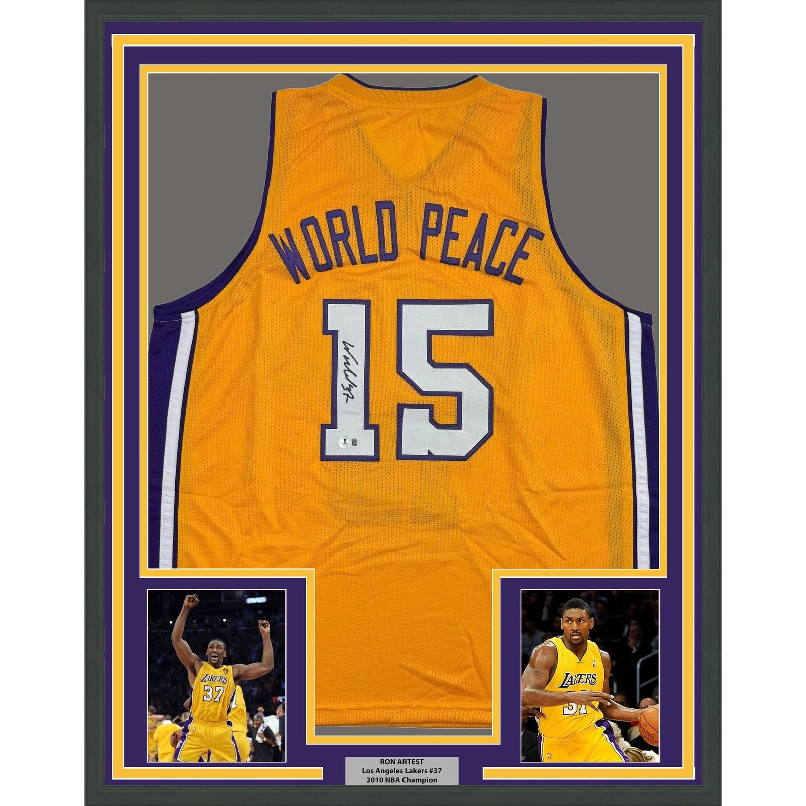 Framed Autographed/Signed Metta World Peace 35x39 LA Yellow Jersey BAS COA