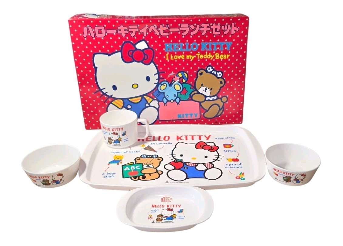 Vintage Sanrio HeIIo Kitty Baby Lunch set  Made in Japan dish pIate Mag Cup Tray
