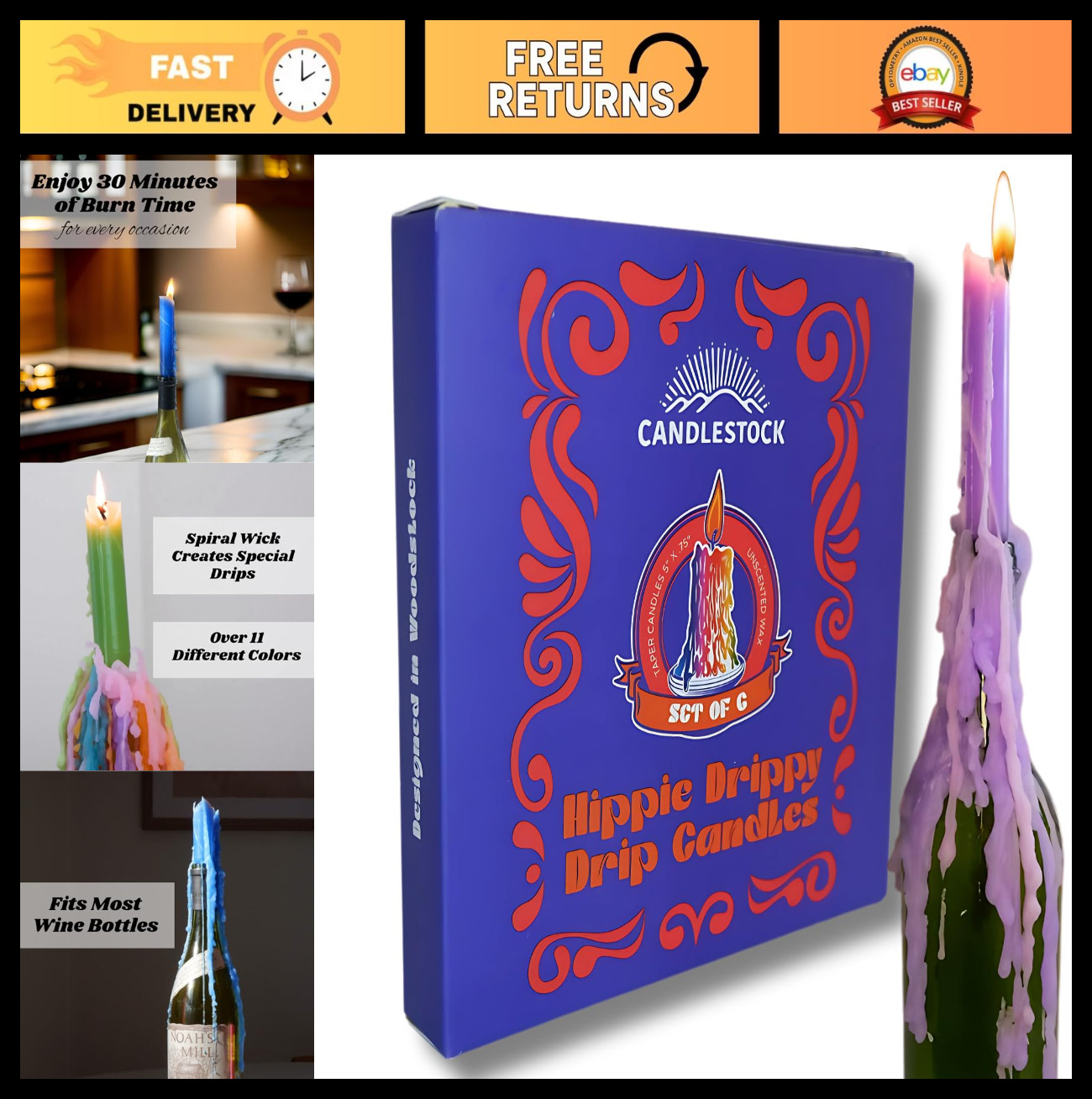 Colorful Drip Candles - Pack of 6 Taper Candles for Wine Bottles - Purple Drippi