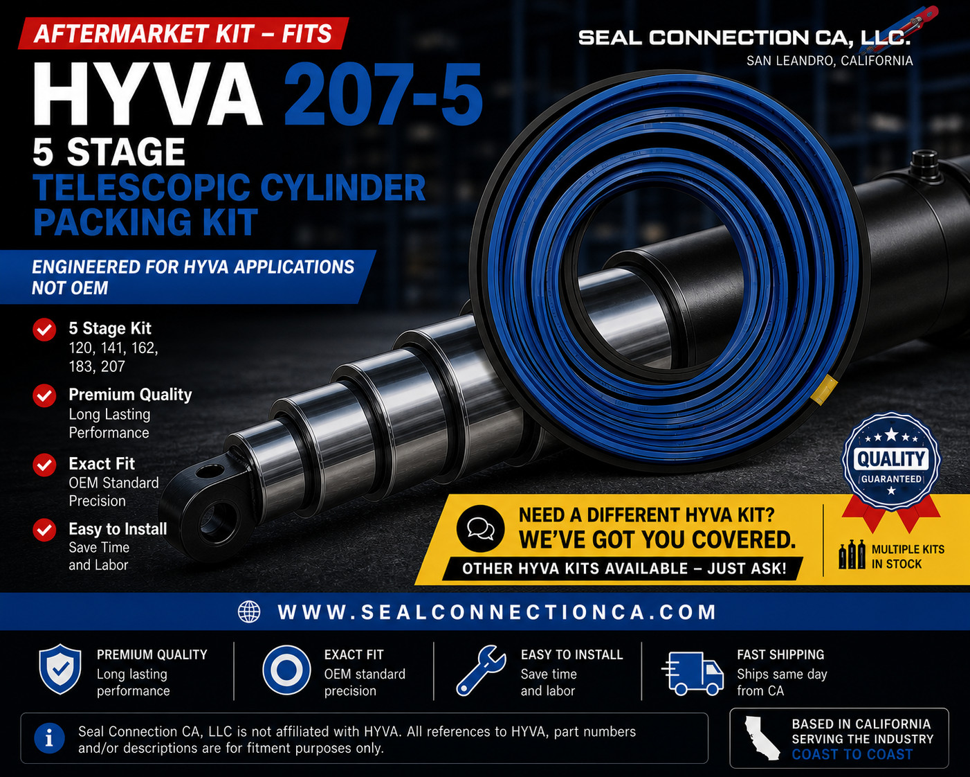 HYVA 207-5 Telescopic Cylinder Seal Kit 5 Stage Hydraulic Dump Hoist Repair