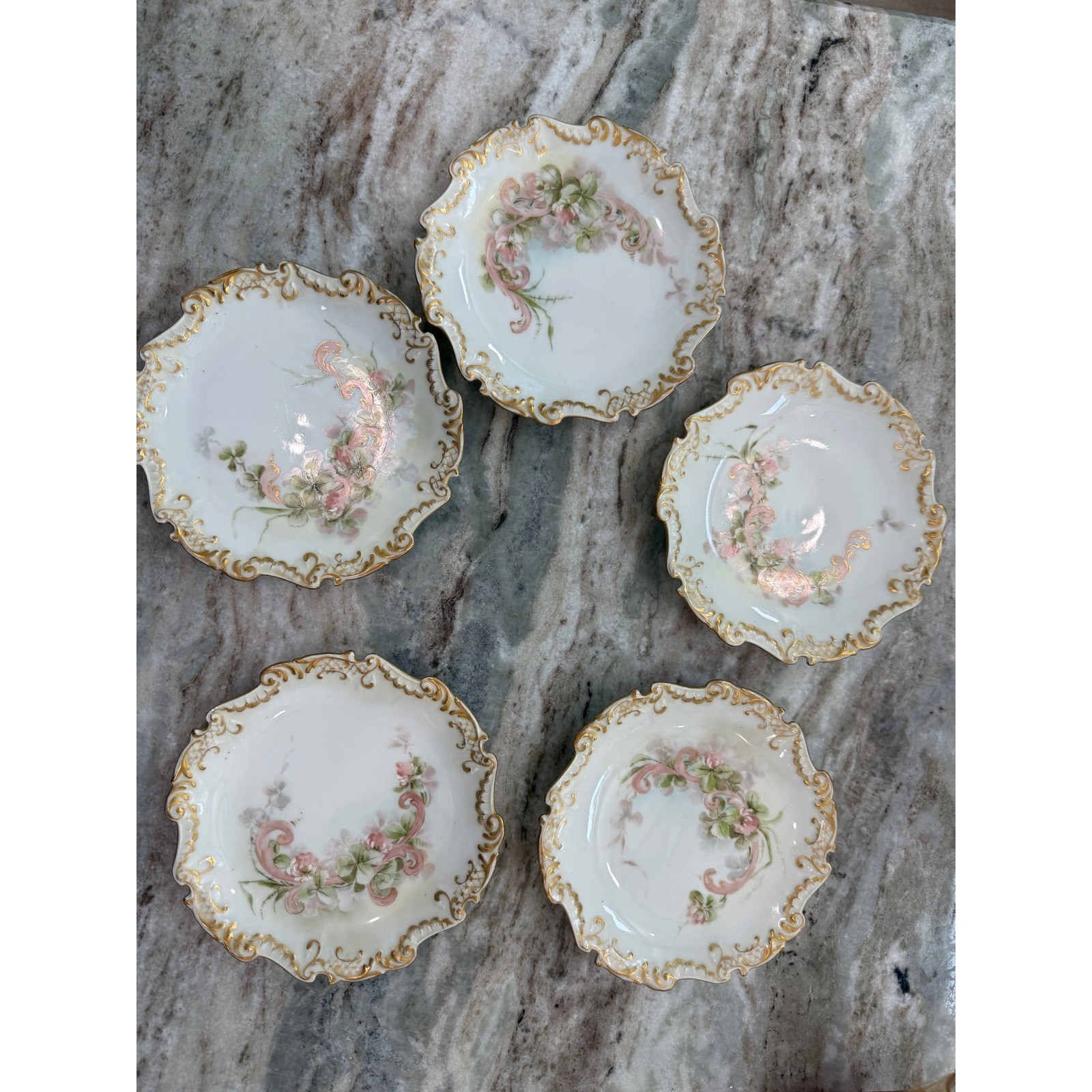 Antique French Limoge Hand Painted Small Plates (5) Gold Gilt Scalloped Rim Antique French Limoge Hand Painted Small Plates (5) Gold Gilt Scalloped Rim