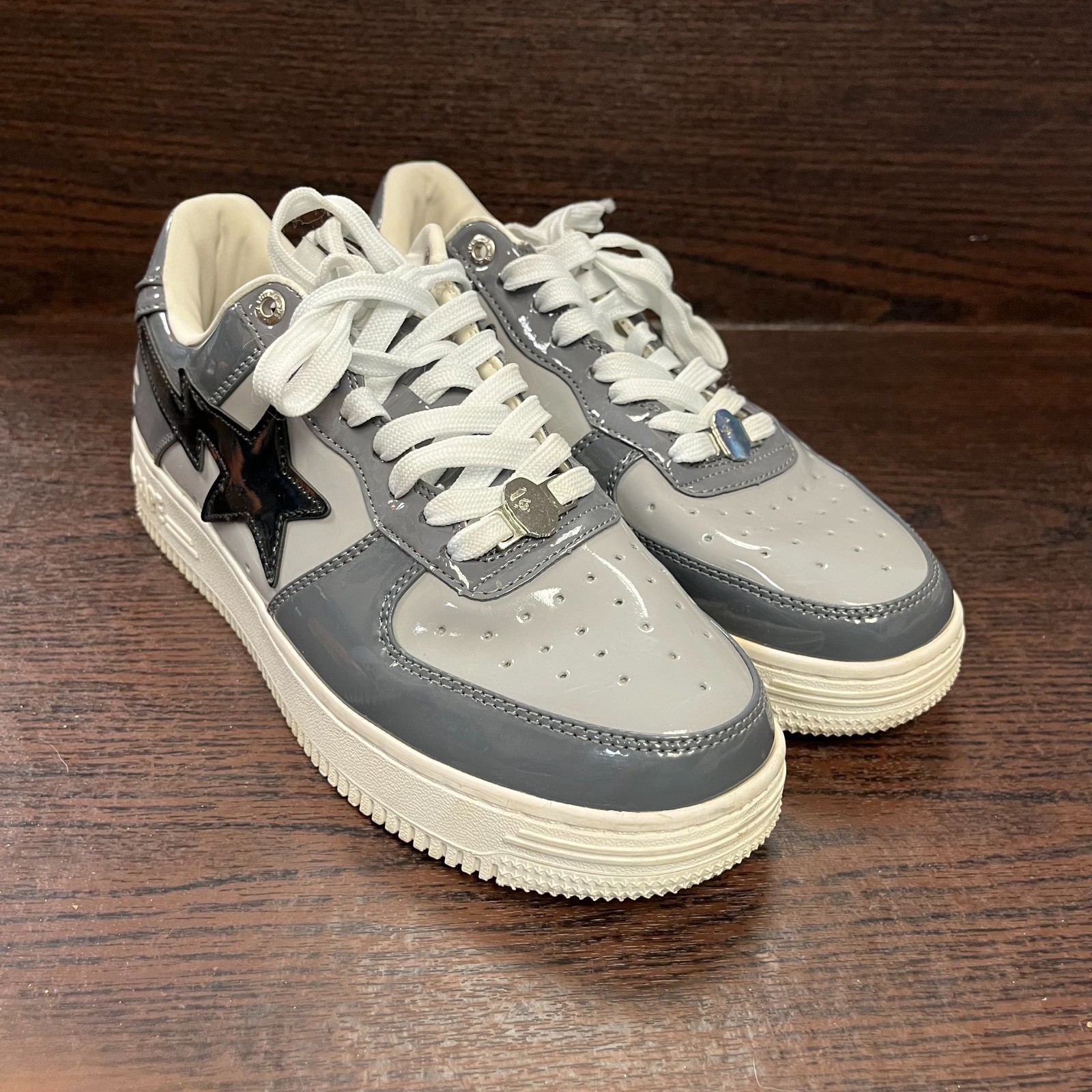 A Bathing Ape Bape Men\'s Shoes Size 8.5 Gray Patent Leather Sneaker 1H20191046 