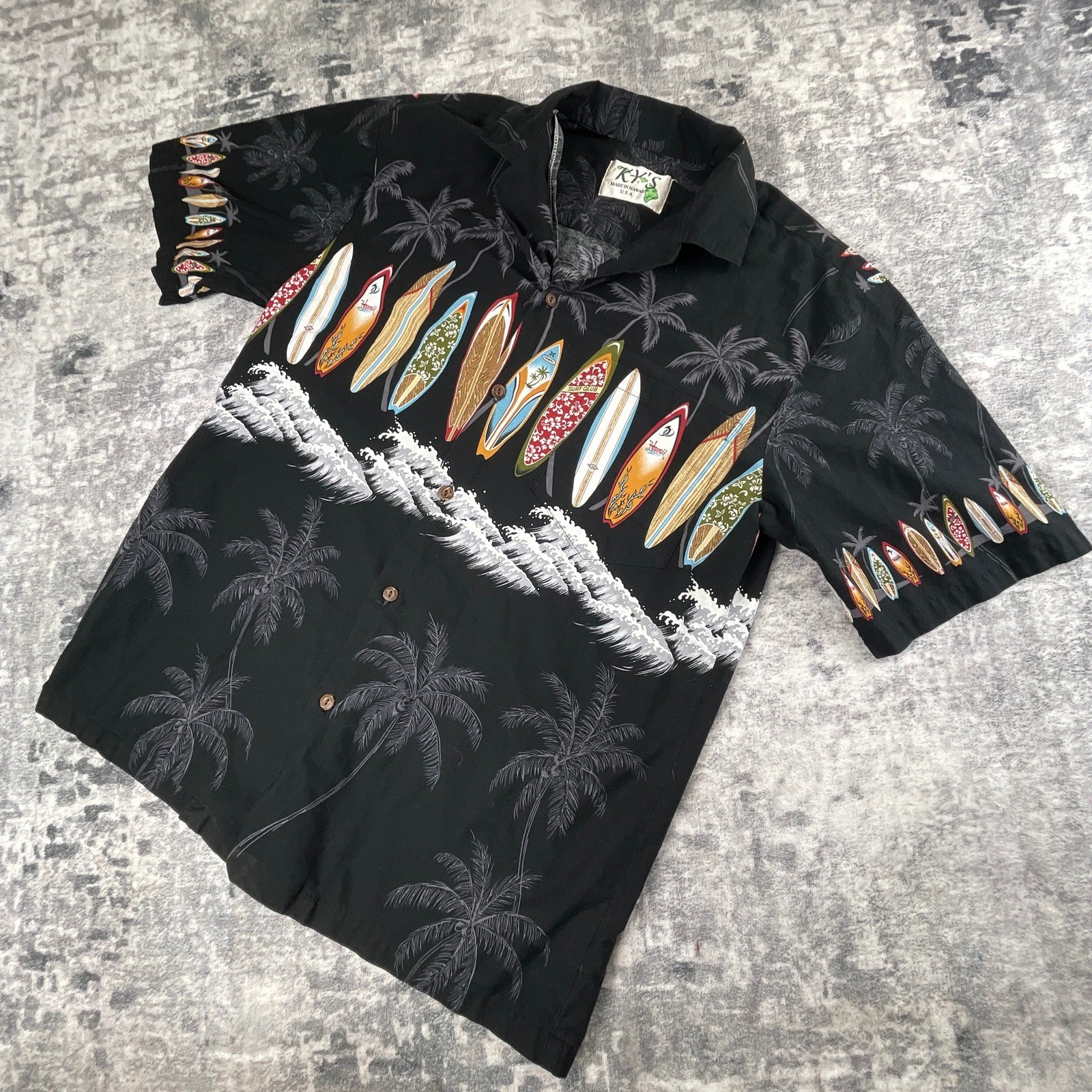 Vtg Ky\'s Men L Hawaiian Camp Shirt Surfboard Waves Palm Trees Black Cotton