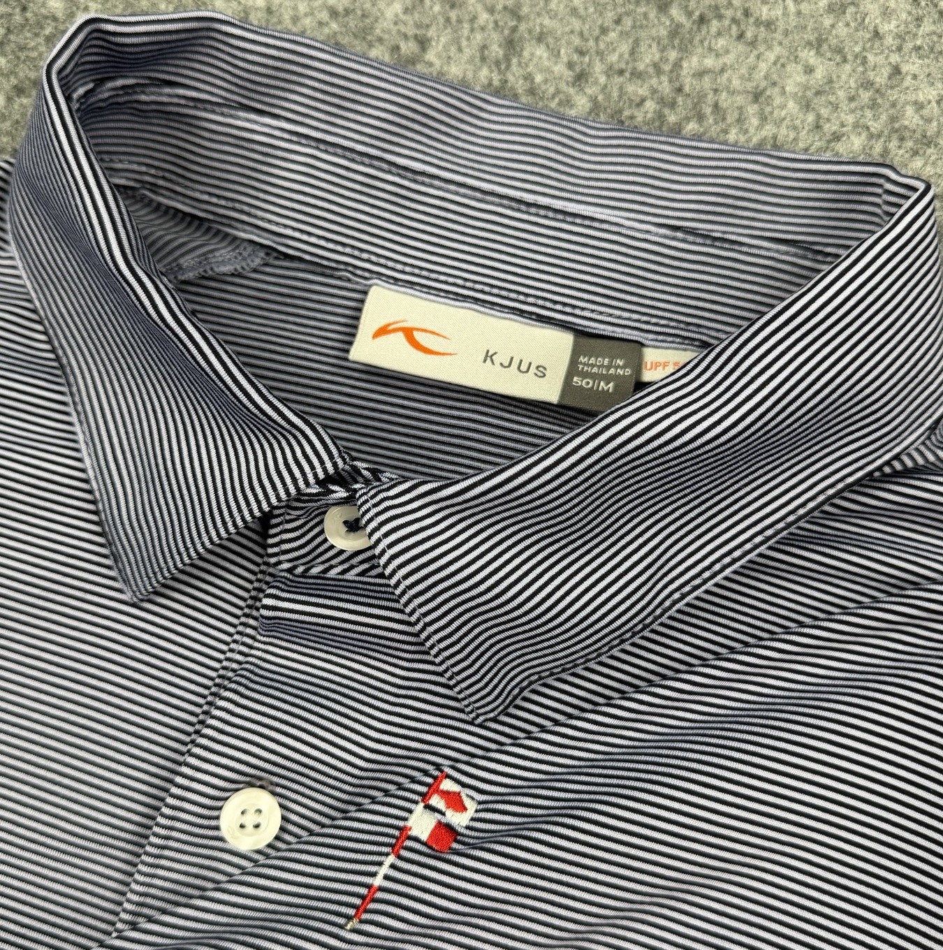 KJUS Soren Polo Shirt Mens 50/Medium Blue Stripe Golf UPF 50+ Friars Head NWOT