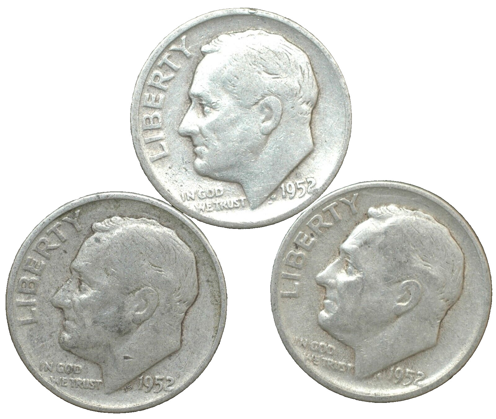 1952-P-D-S Roosevelt silver dime year mint set 3 coins nice average circulated 1952-P-D-S Roosevelt silver dime year mint set 3 coins nice average circulated