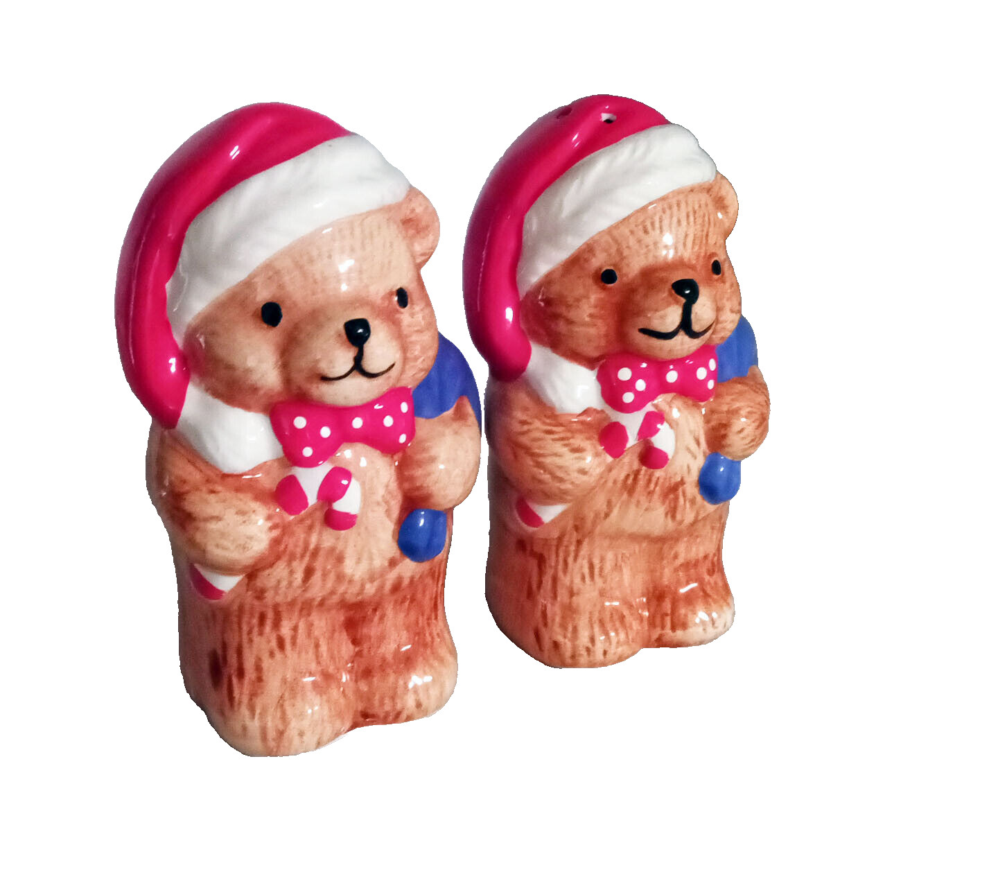 Rare Vintage Enesco Teddies Christmas Santa Hat Bag Salt & Pepper Shakers