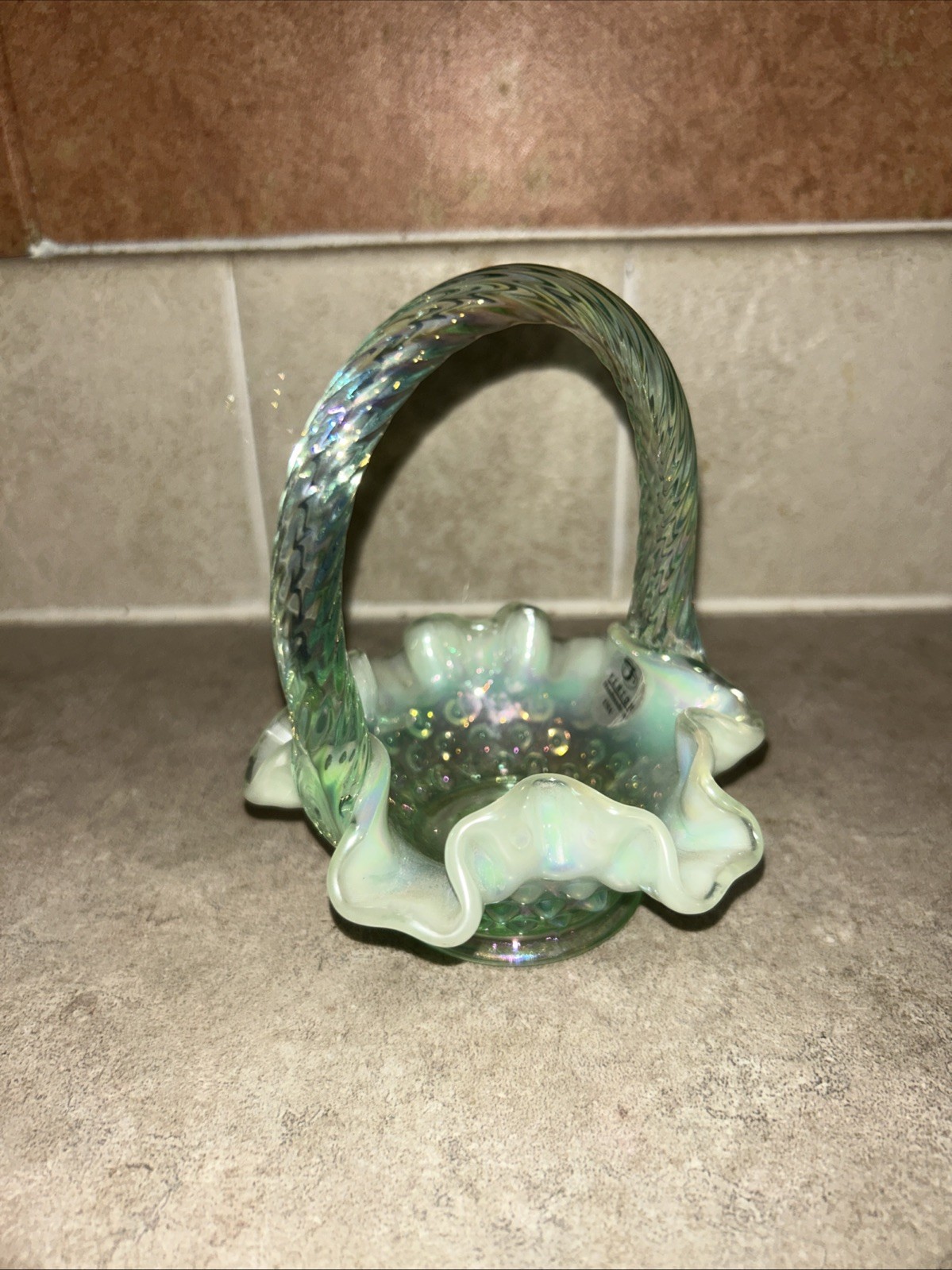 Vintage Fenton Emerald Green Opalescent Hobnail Basket