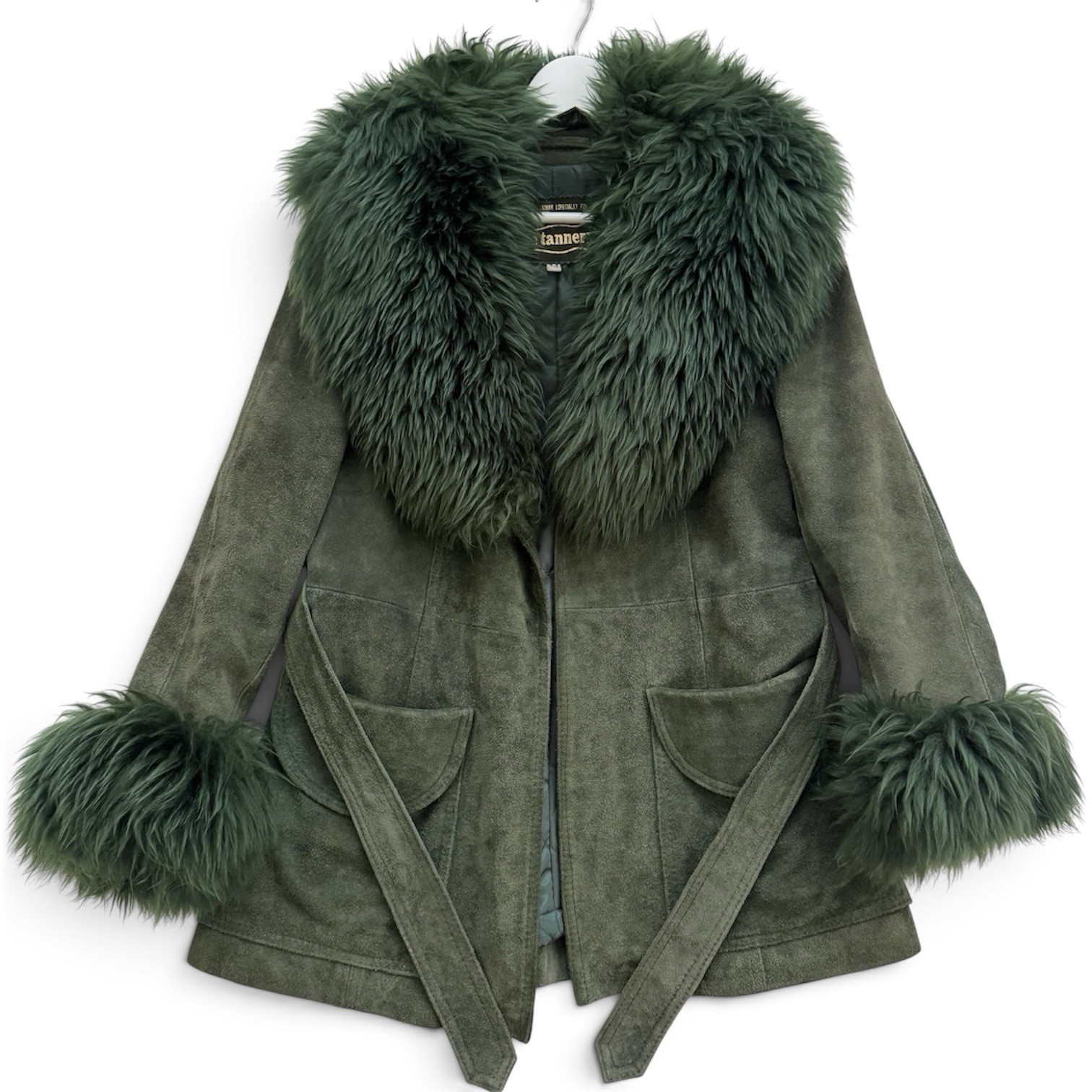 VTG 70s Montgomery Ward Penny Lane Green Suede Faux Fur Trim Jacket 7/8 Boho