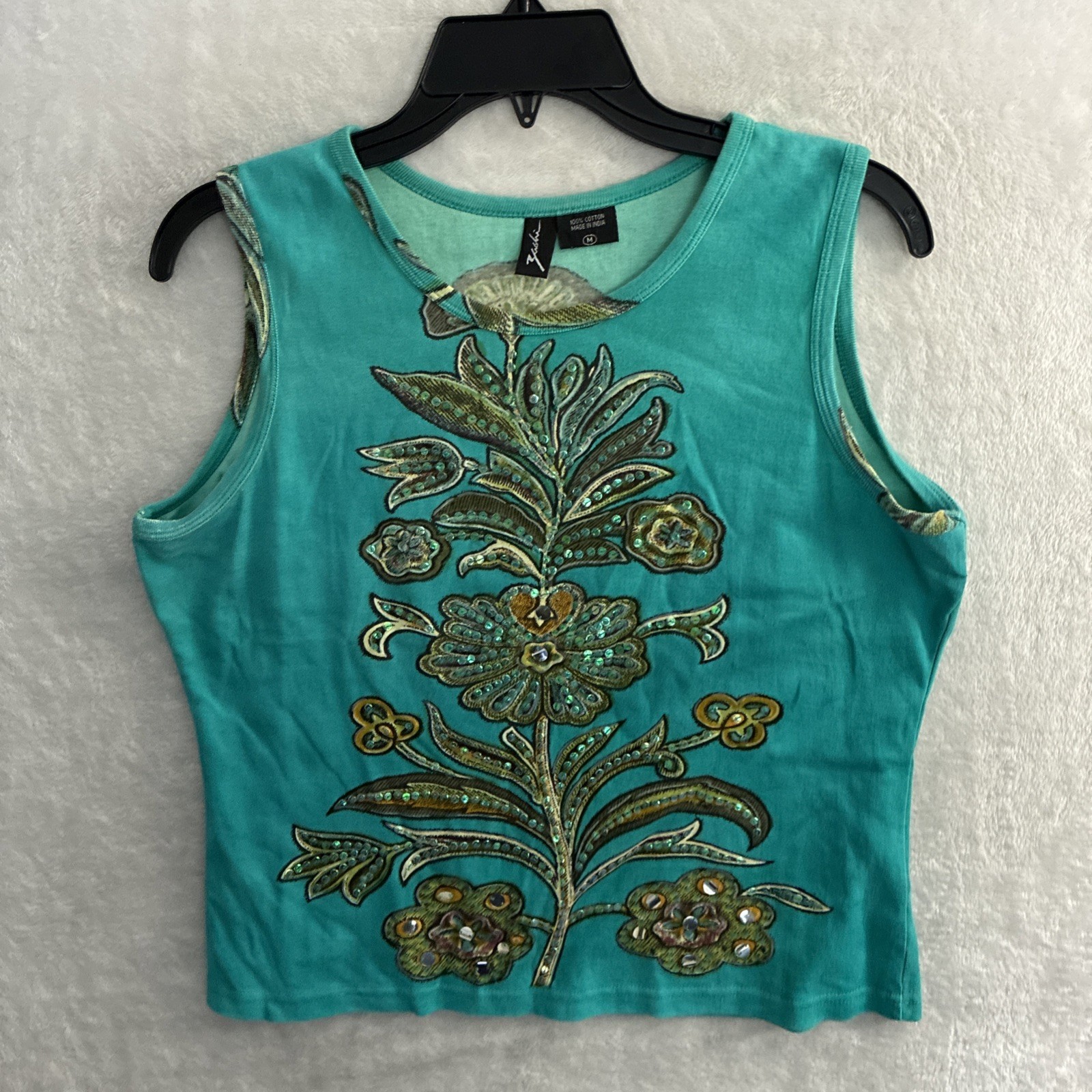 Zashi Woman Blouse Top Blue Geometric Medium Cotton Sequin Sleeveless Round Neck