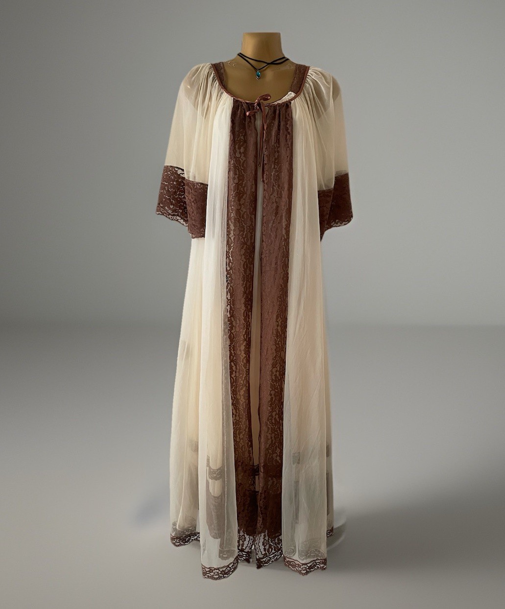 Vtg 60s Janelle Sheer Peignoir Chiffon Long Gown Robe Beige Brown Lace Small Vtg 60s Janelle Sheer Peignoir Chiffon Long Gown Robe Beige Brown Lace Small