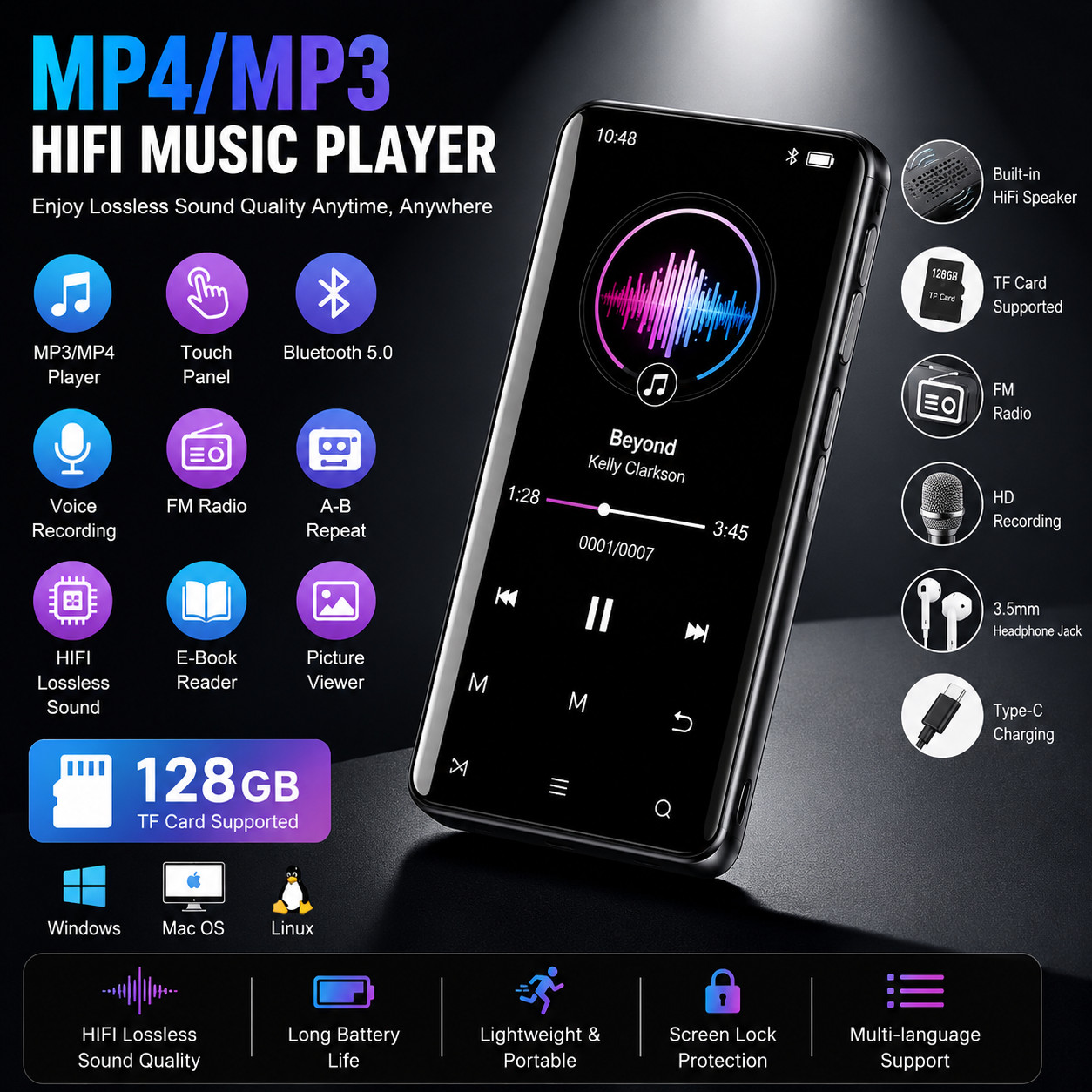MP4/MP3 Player Support 128GB Bluetooth Lossless Music FM Radio Recorder Sport US MP4/MP3 Player Support 128GB Bluetooth Lossless Music FM Radio Recorder Sport US