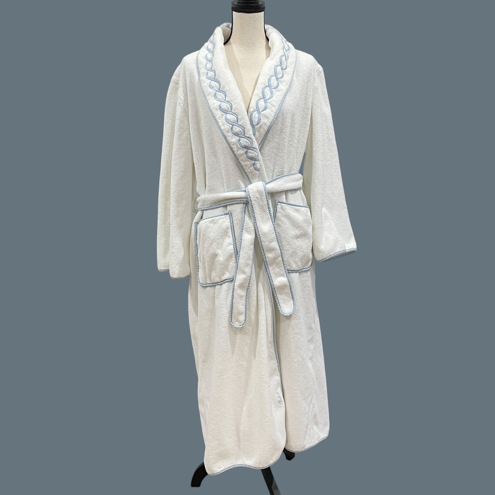 Pratesi Treccia White Egyptian Cotton Terry Robe Blue Chain Embroidery Womens M