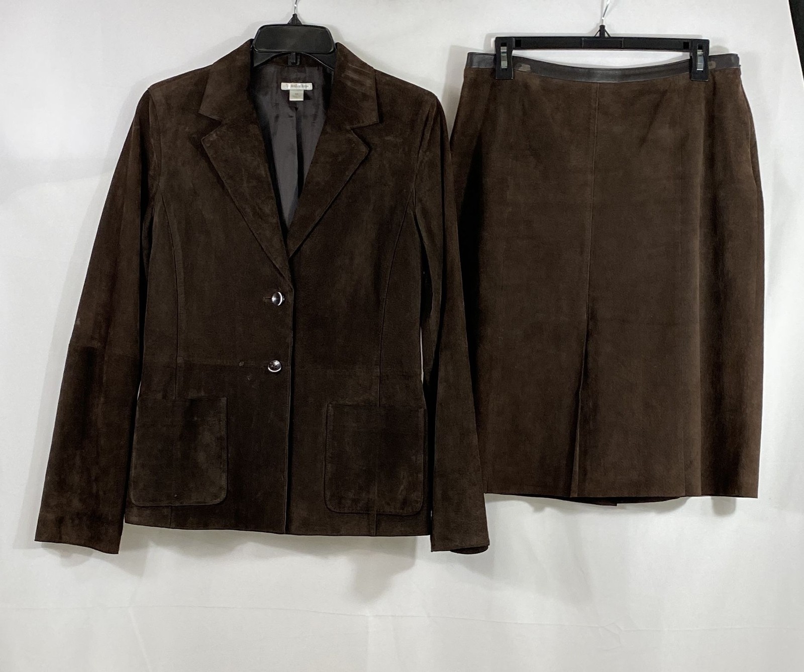 Halogen Women\'s Brown Suede 2-Piece Blazer Skirt Suit Set Sz M