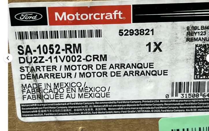 Motorcraft SA-1052-RM Starter DU2Z-11V002-CRM Ford 6.2L Reman OEM