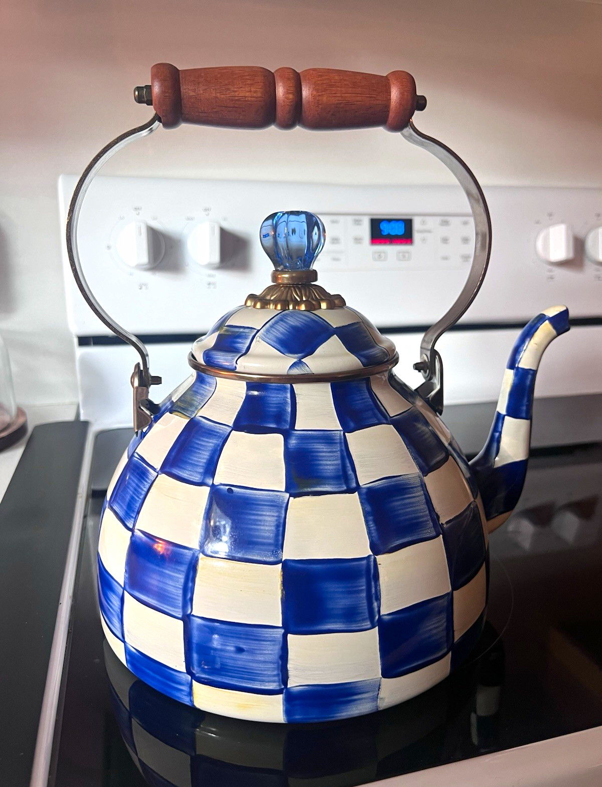 MacKenzie-Childs Blue & White Check Enamel Whistling Tea Kettle 2 Qt MacKenzie-Childs Blue & White Check Enamel Whistling Tea Kettle 2 Qt