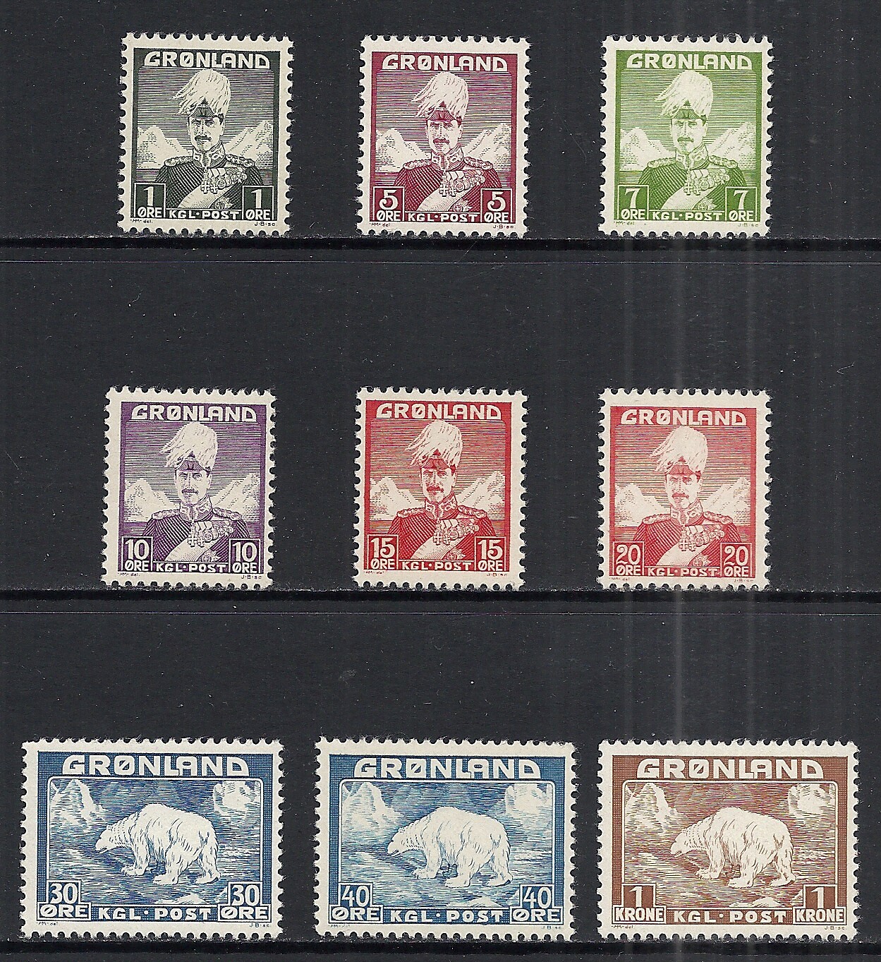 GREENLAND  SCOTT 1 - 9 MINT NEVER HINGED SET - 1936/46 CHRISTIAN X ISSUE