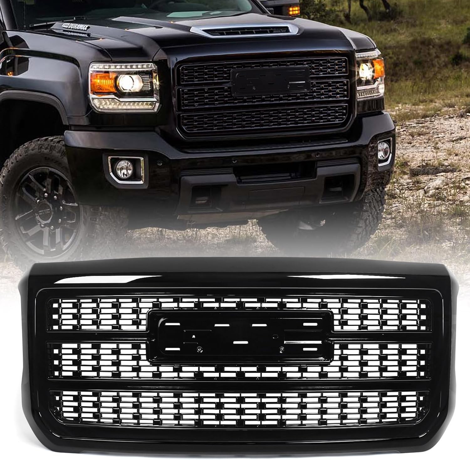 Front Bumper Grille Fit For 2015-2019 GMC Sierra 2500 3500 HD Gloss Black Denali