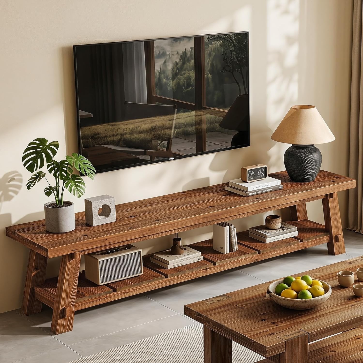 71'' Farmhouse Solid Wood TV Stand with Open Storage Shelves for TVs up to 85''