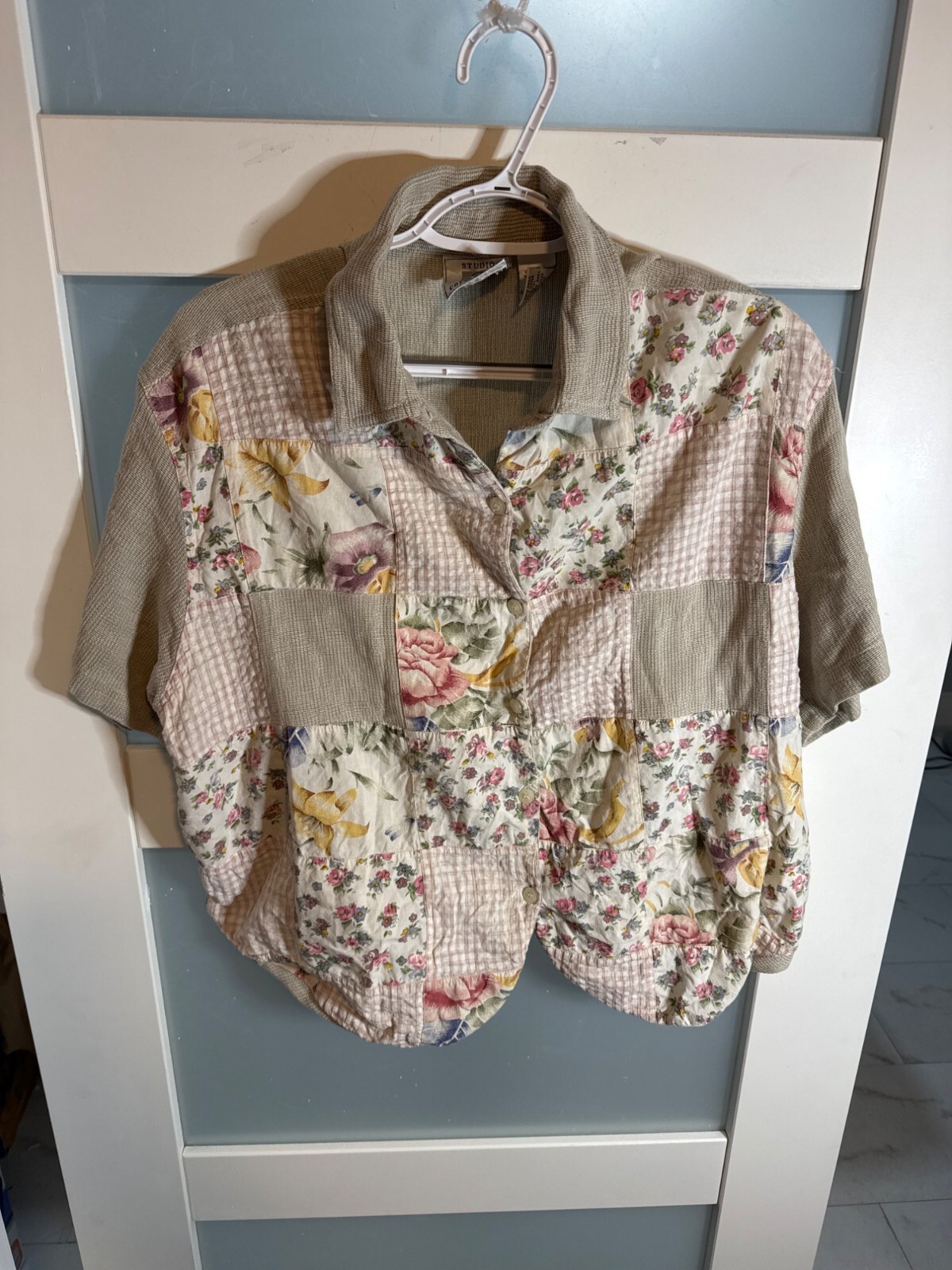 Vintage Patchwork Floral & Gingham XL Button-Up Shirt By Studio Collection 27-77