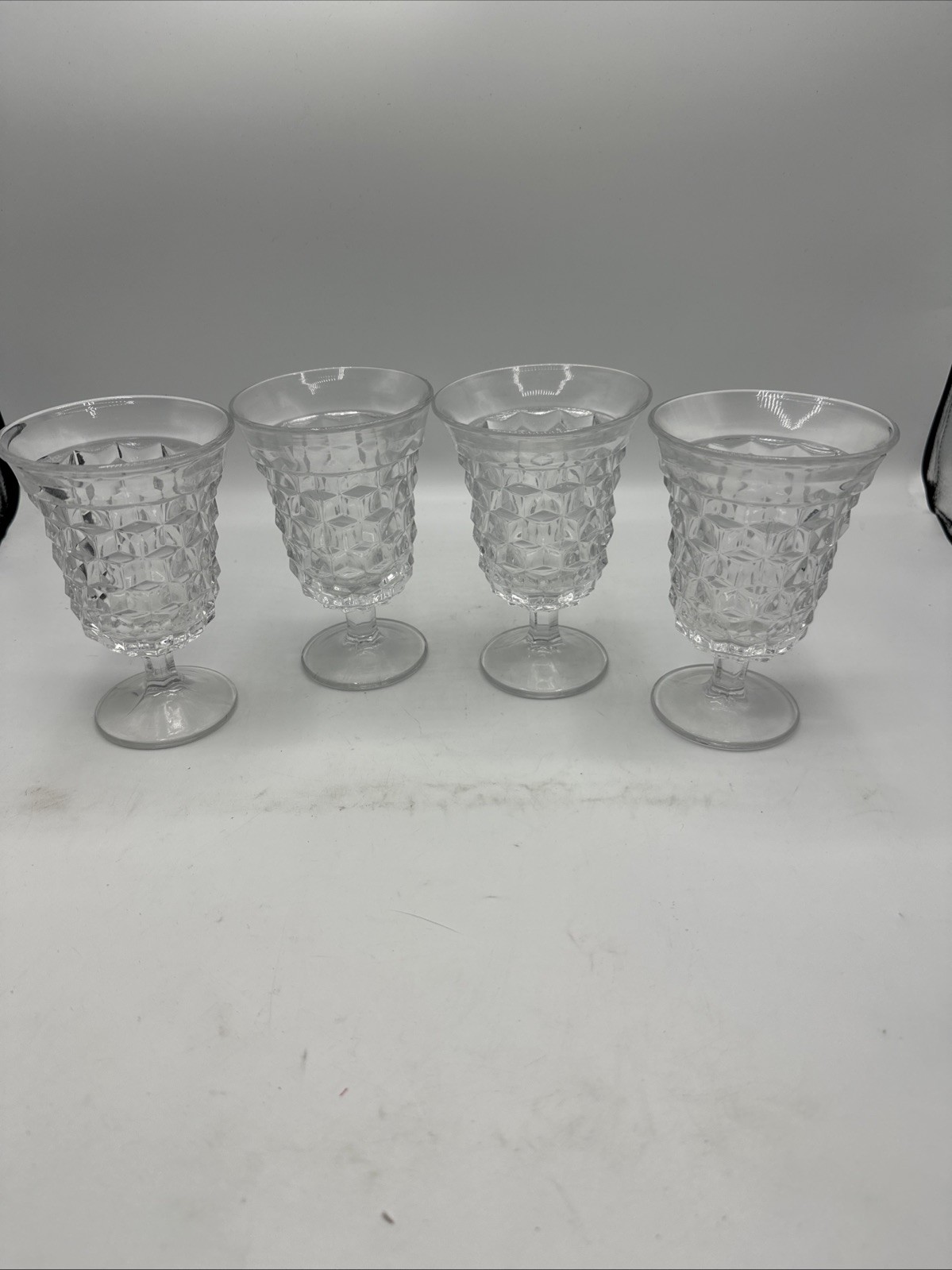 4 Fostoria American Low Water Goblets 8 oz Clear Flared Footed Tumblers 5.25\ 4 Fostoria American Low Water Goblets 8 oz Clear Flared Footed Tumblers 5.25\