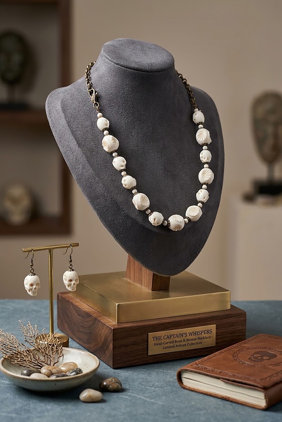 Vintage 1950s Carved White Glass Bead Necklace Brass Filigree Caps Graduated