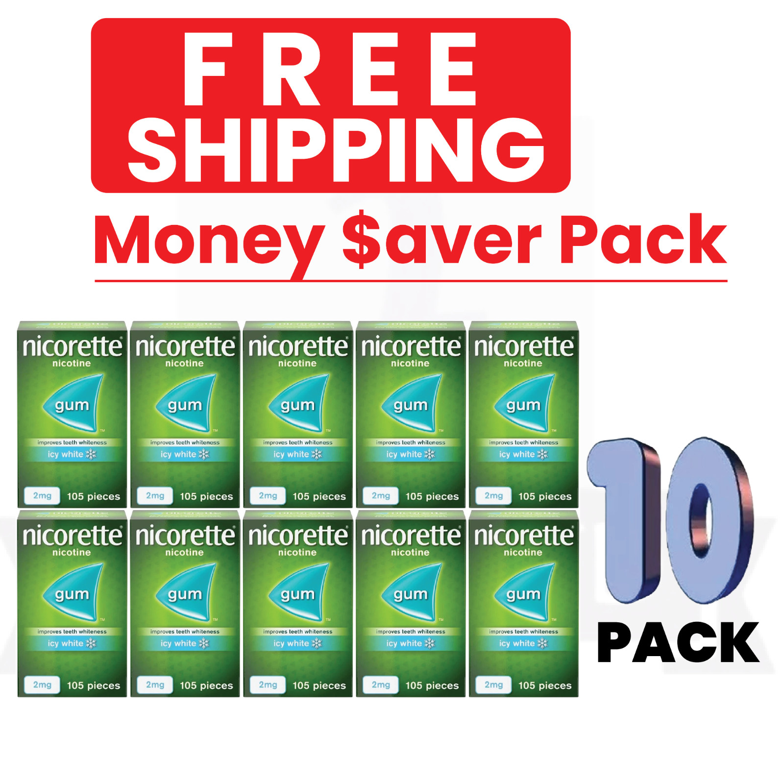 Nicorette Icy White Chewing Whitening Gum 105 Pieces 2mg-PACK OF 10