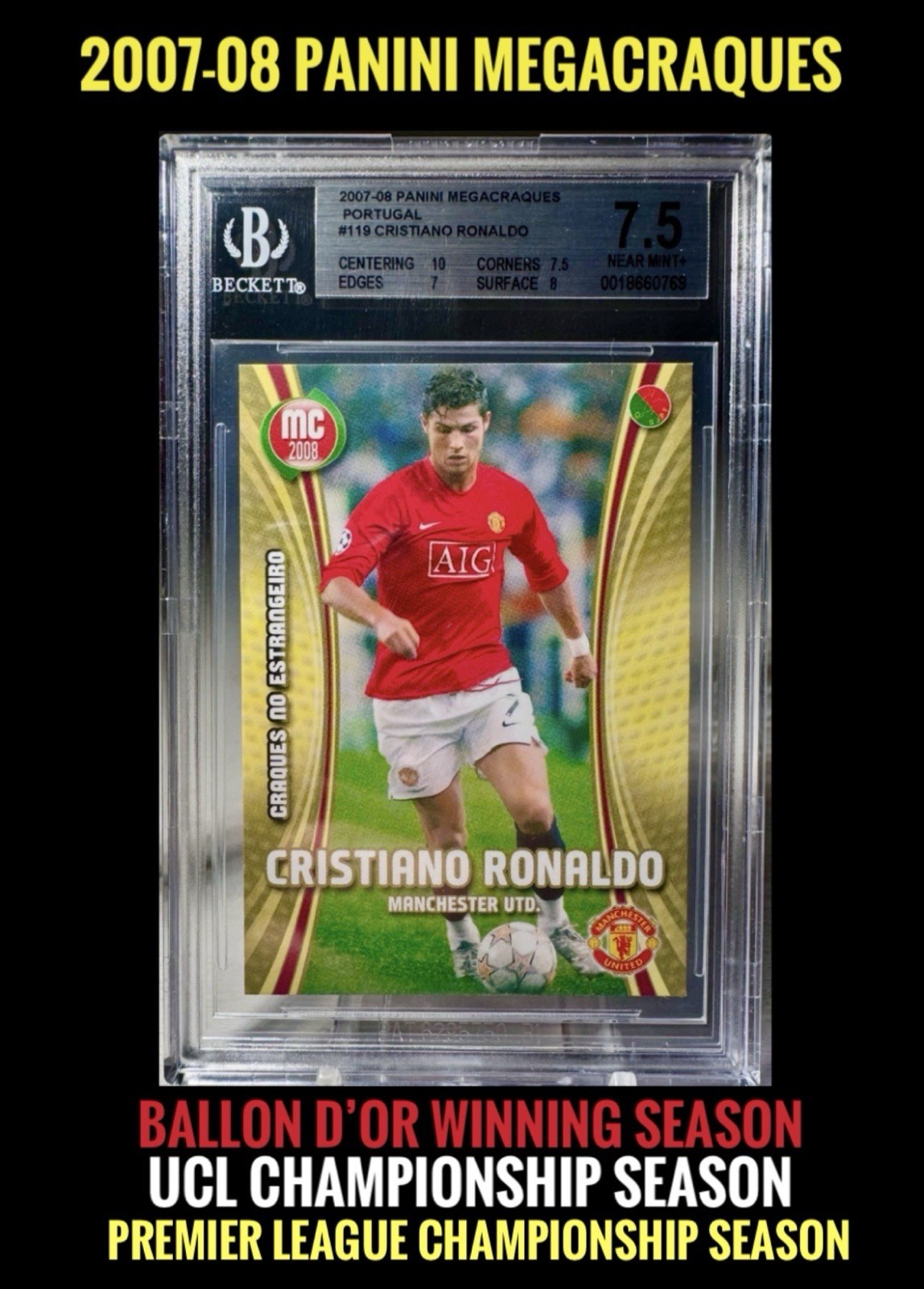 2007-08 Panini Megacraques #119 Cristiano Ronaldo BGS 7.5 BALLON D’OR YEAR UCL