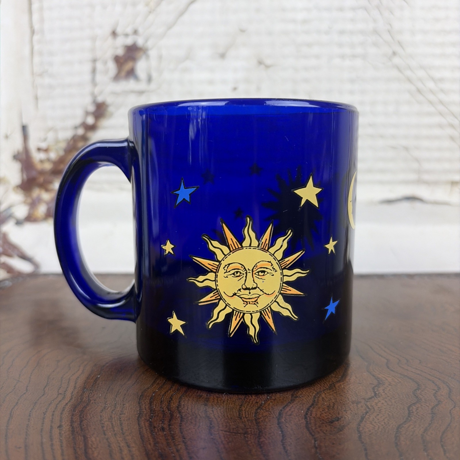 Libbey Vintage Cobalt Blue Glass Celestial Mug Friends Sun Moon Stars 90's