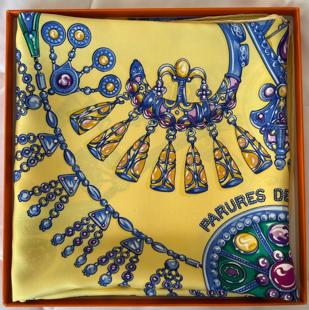 HERMÈS Vintage Silk Scarf 90cm --Parures des Sables. Blues, Yellows, Greens. HERMÈS Vintage Silk Scarf 90cm --Parures des Sables. Blues, Yellows, Greens.