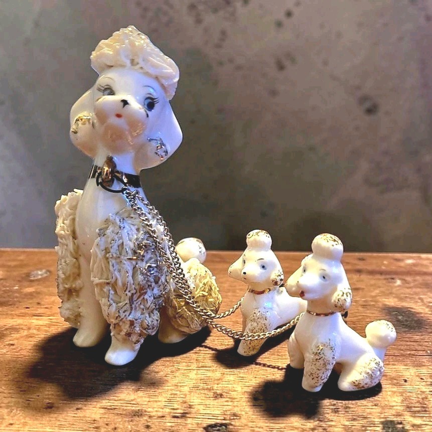 Vintage Lefton White Spaghetti Poodle Family Figurine Set Mom & 2 Pups C-5898 Vintage Lefton White Spaghetti Poodle Family Figurine Set Mom & 2 Pups C-5898