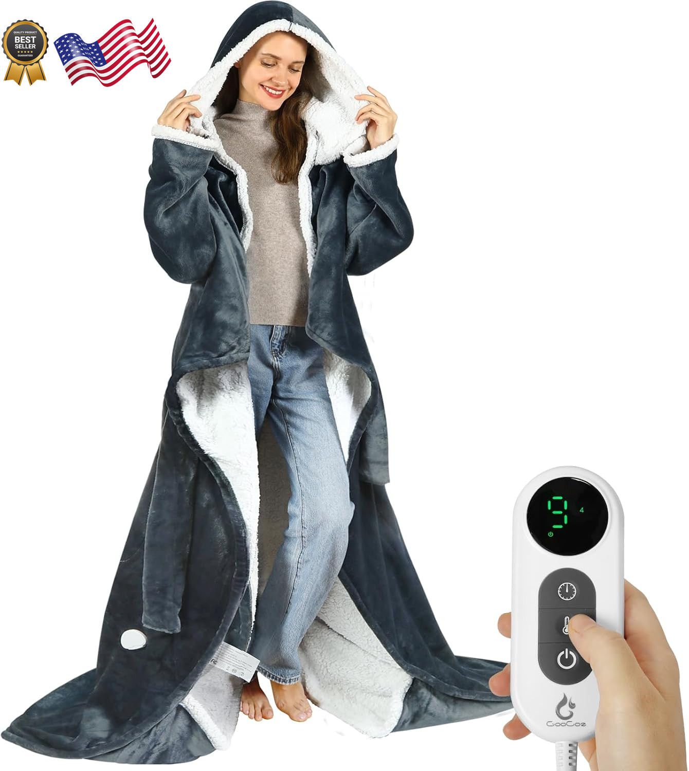 Heated Wearable Blanket with Foot Pockets Sleeves & Hood - Cozy 50\