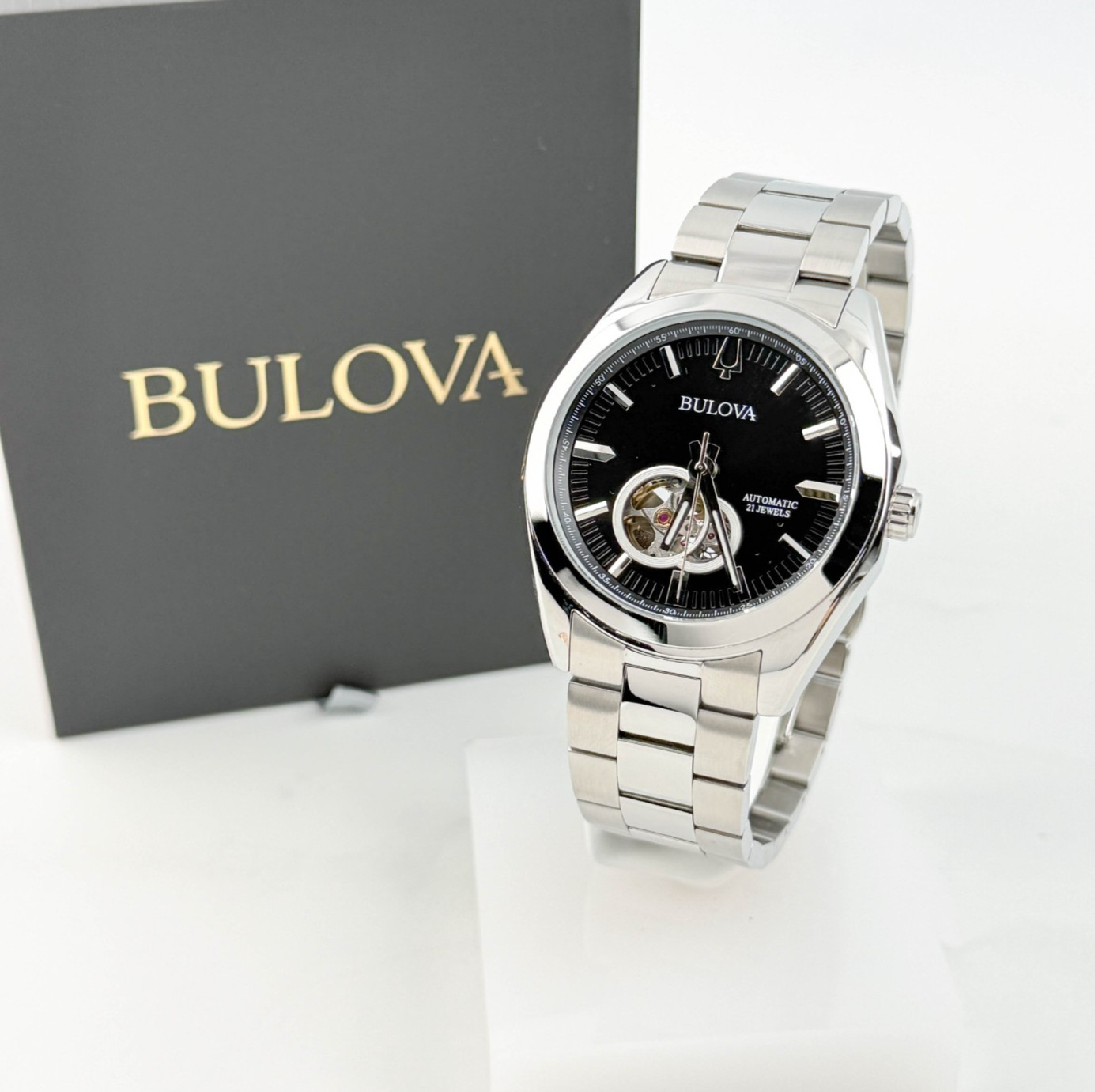 Bulova Suveyor 96A270 Automatic Black Dial Stainless Steel Men\'s Wristwatch NEW