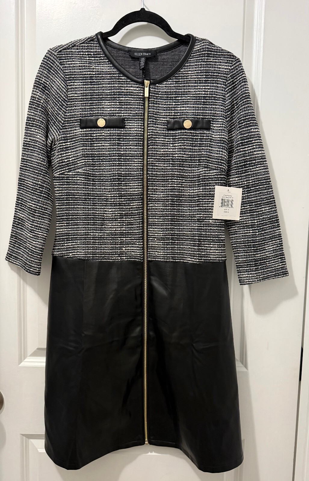 Ellen Tracy Tweed & Faux Leather Zip Dress, Size M, NWT Ellen Tracy Tweed & Faux Leather Zip Dress, Size M, NWT