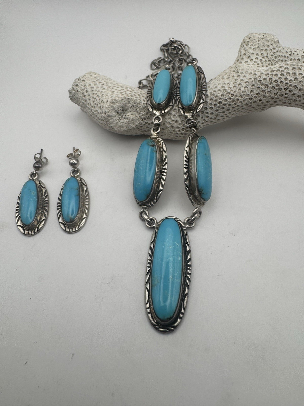 Arnold Maloney Navajo Sterling & Turquoise Necklace & Earrings Set 38g 16-22”