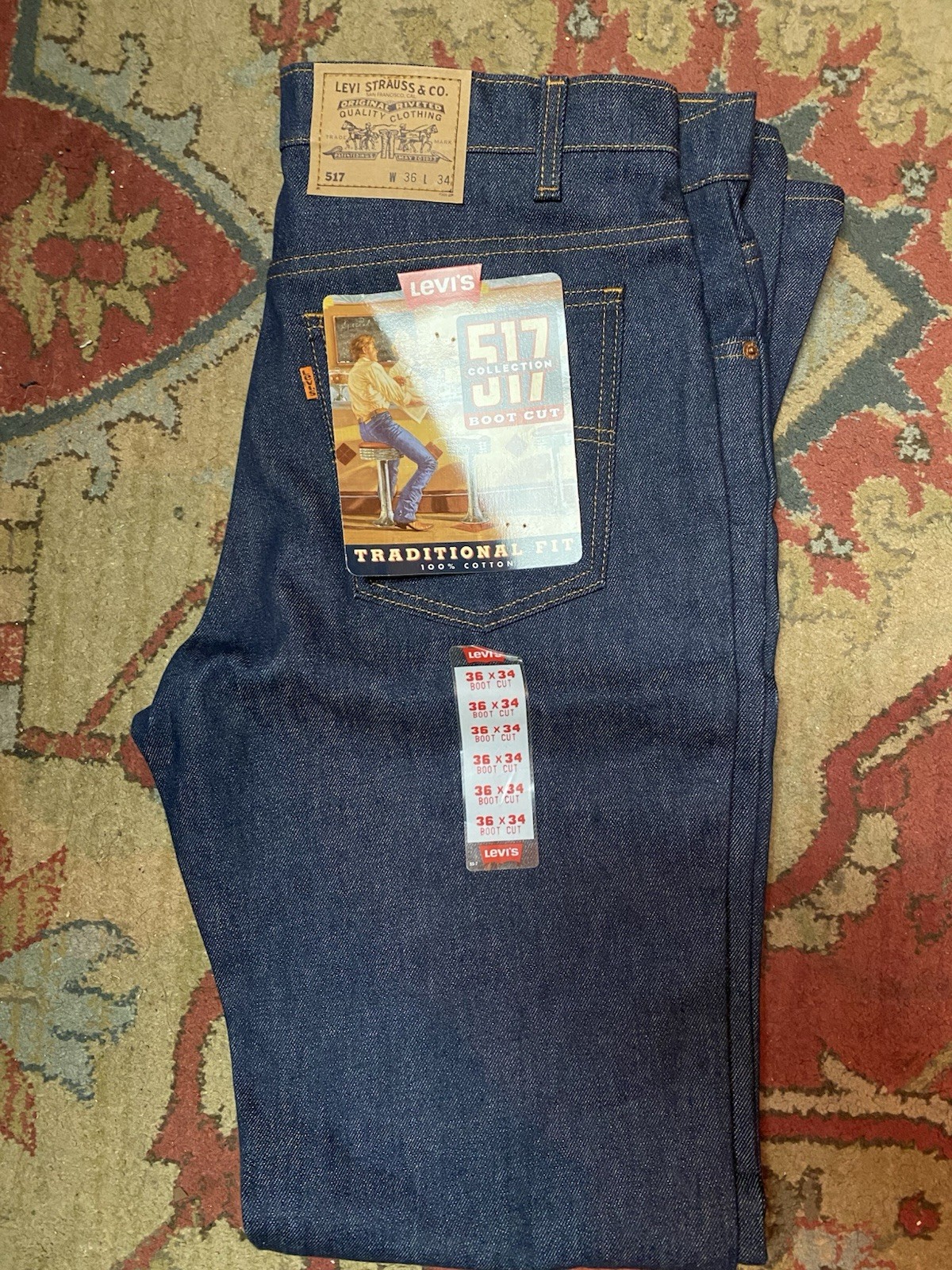 Vintage Levi\'s 517 Made in USA Bootcut Jeans 36x34 NOS Deadstock Raw Denim NWT