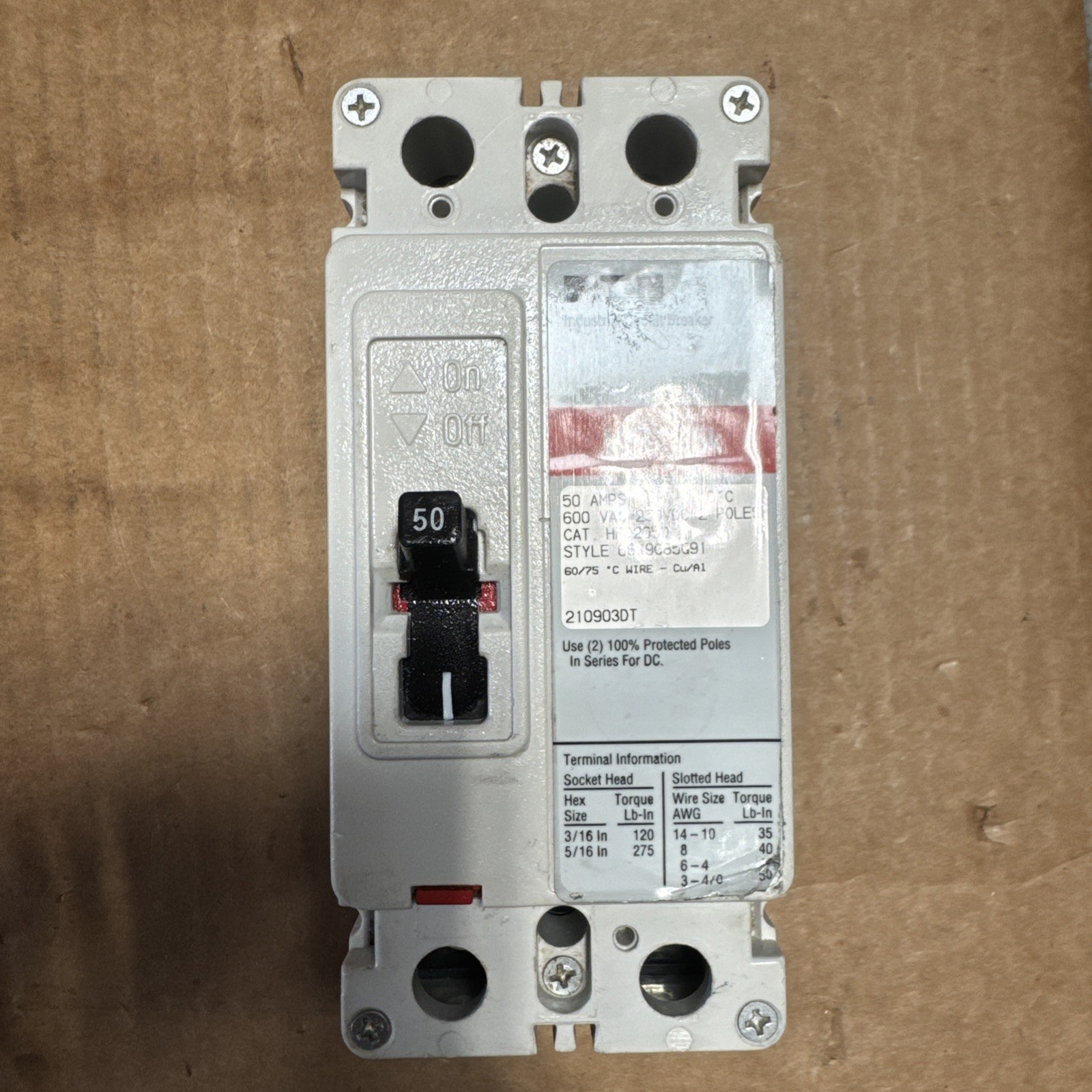 EATON HFD2050, 50 Amp, 600 Volt, 2P, 65K, Red Circuit Breaker New Pull Out EATON HFD2050, 50 Amp, 600 Volt, 2P, 65K, Red Circuit Breaker New Pull Out