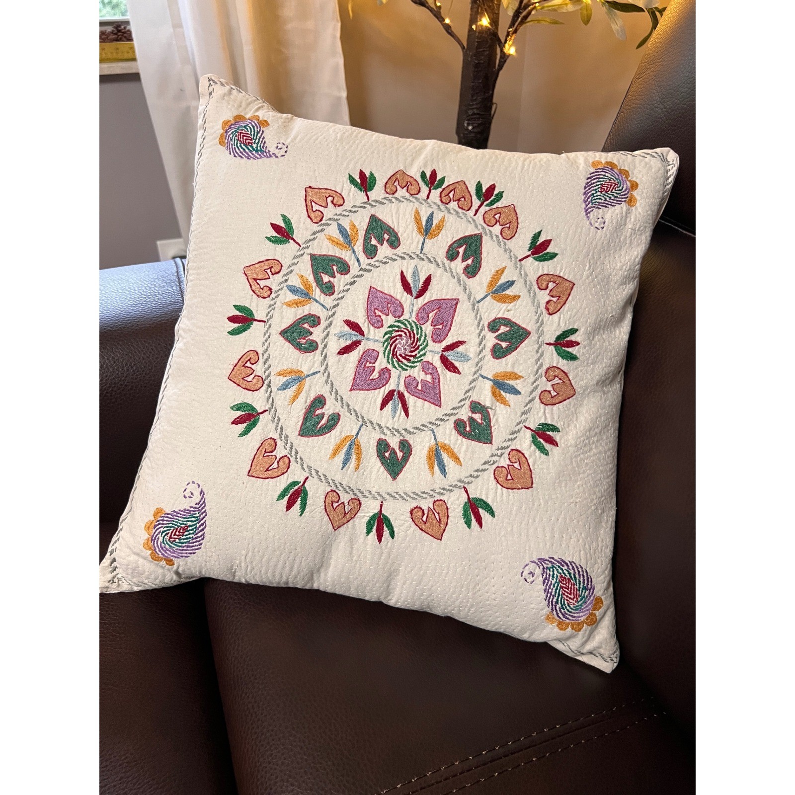 Vintage Boho Hand Embroidered Kantha Floral Paisley Throw Pillow Cover Square