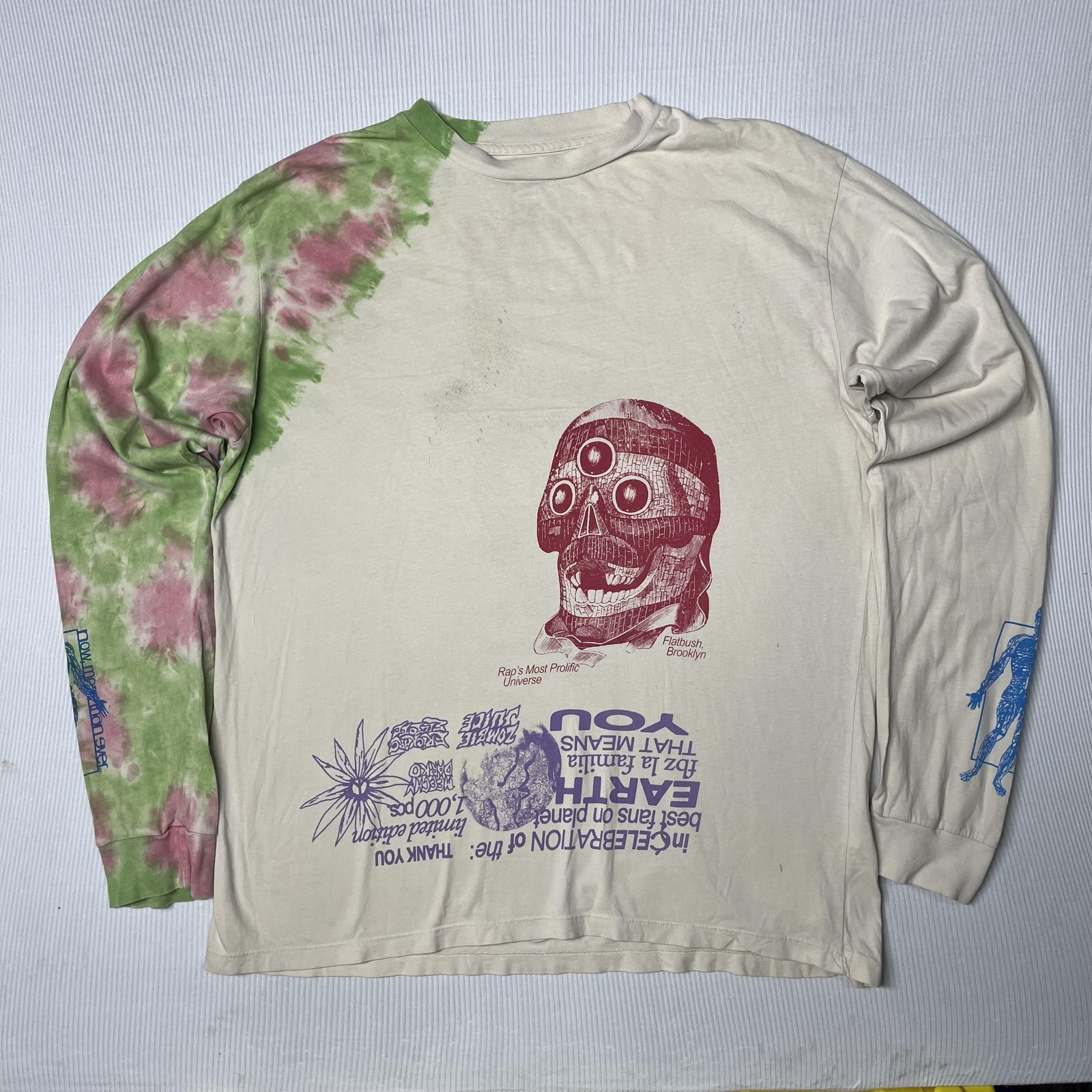 Flatbush Zombies Shirt Mens XL Cream Tie Dye Skull Long Sleeve Graphic Tee Rap
