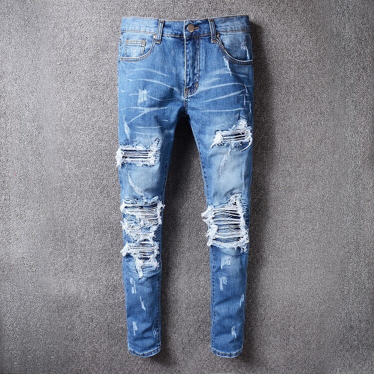 Mens Retro Ripped Slim Pleated Denim Jeans Classic Motorcycle Style Blue Stretch Mens Retro Ripped Slim Pleated Denim Jeans Classic Motorcycle Style Blue Stretch