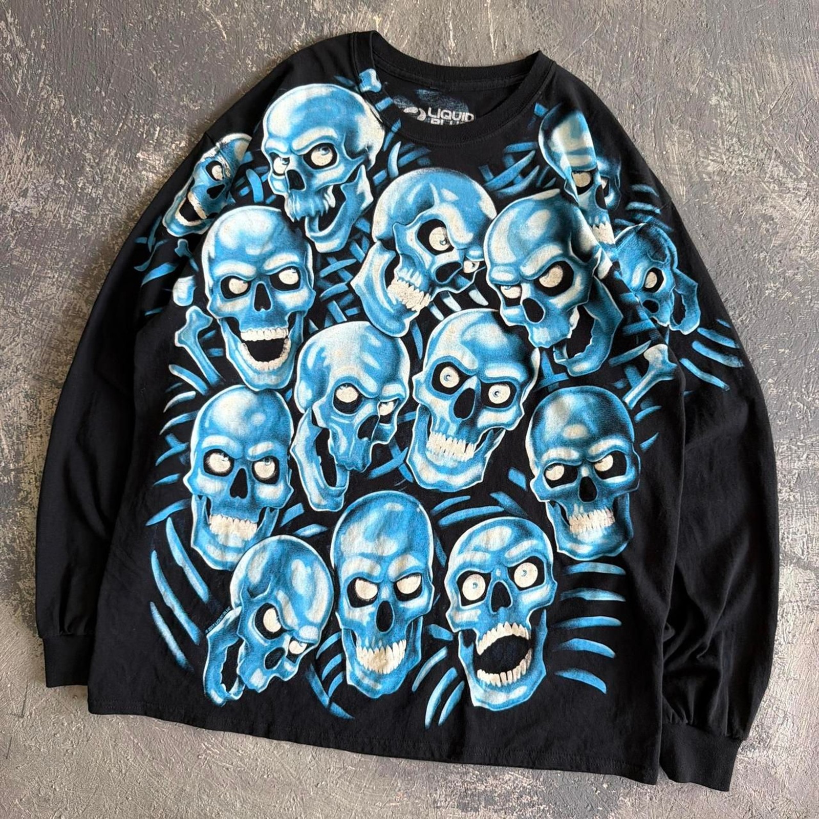 skull pile Liquid Blue aop y2k black long sleeve shirt blue skulls graphic XL