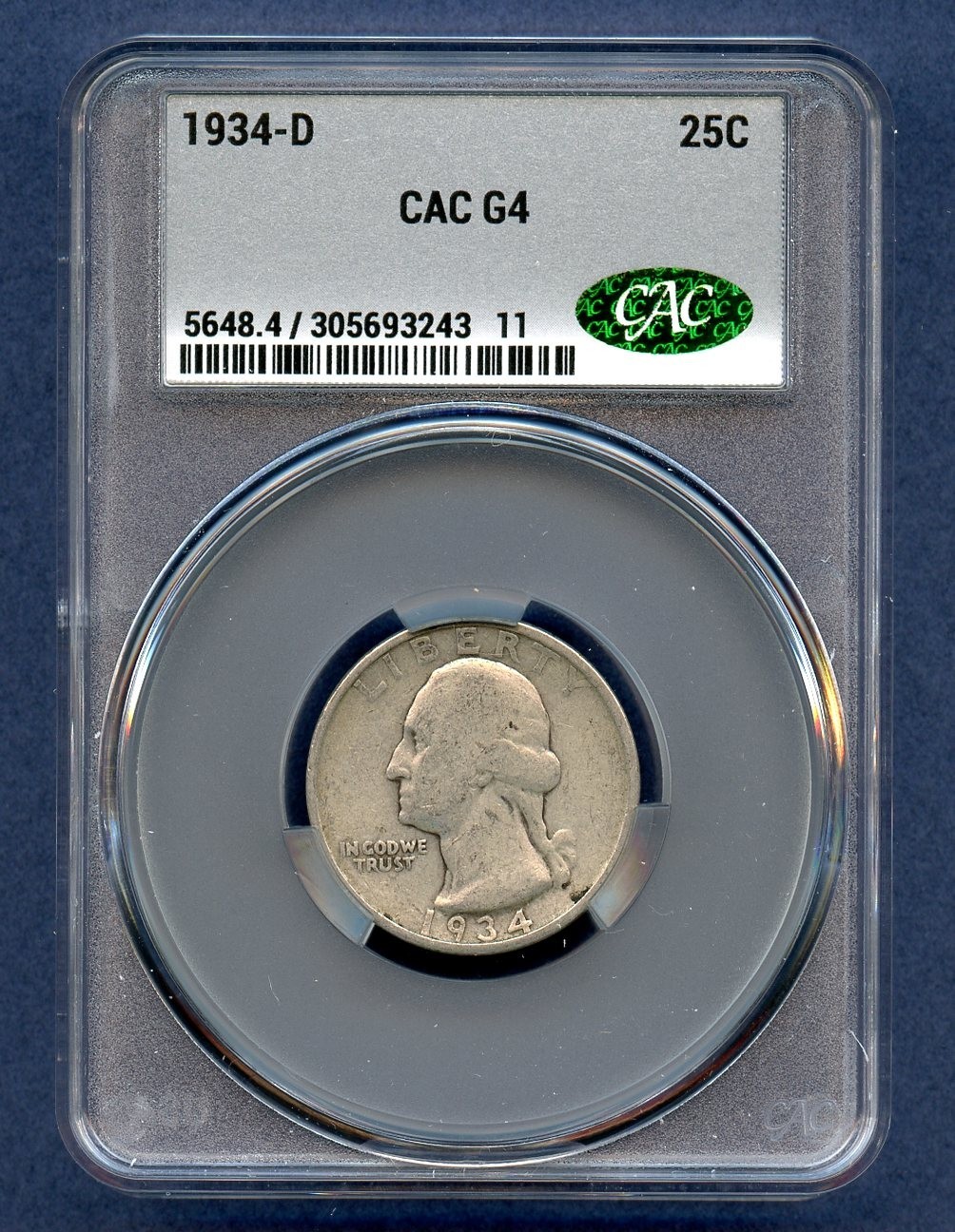 1934 D CAC G4 Washington Quarter 25c US Mint Silver Coin 1934-D G-04 CACG