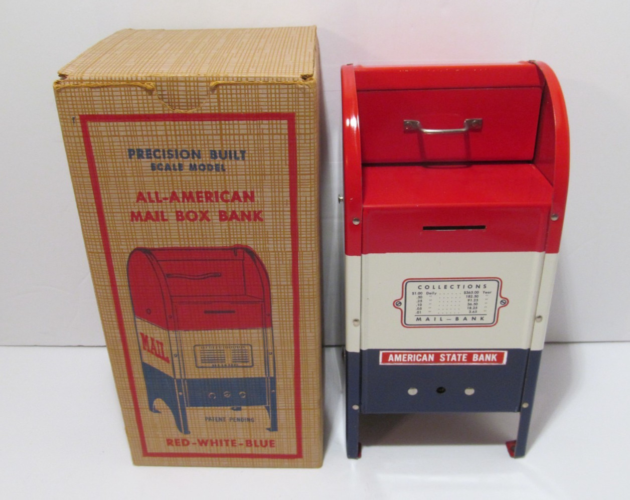 All American 1950's Red White Blue Metal Mail Box Bank in Original Box w/ Key