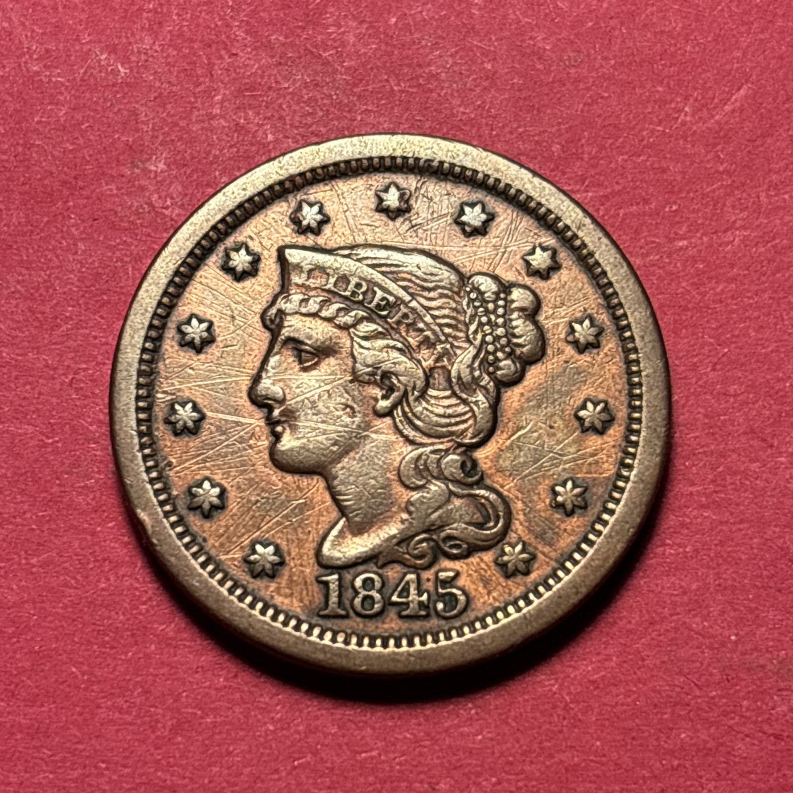 (1) Beautiful Antique 1845 Braided Hair Large Cent/Penny VF-VERY FINE